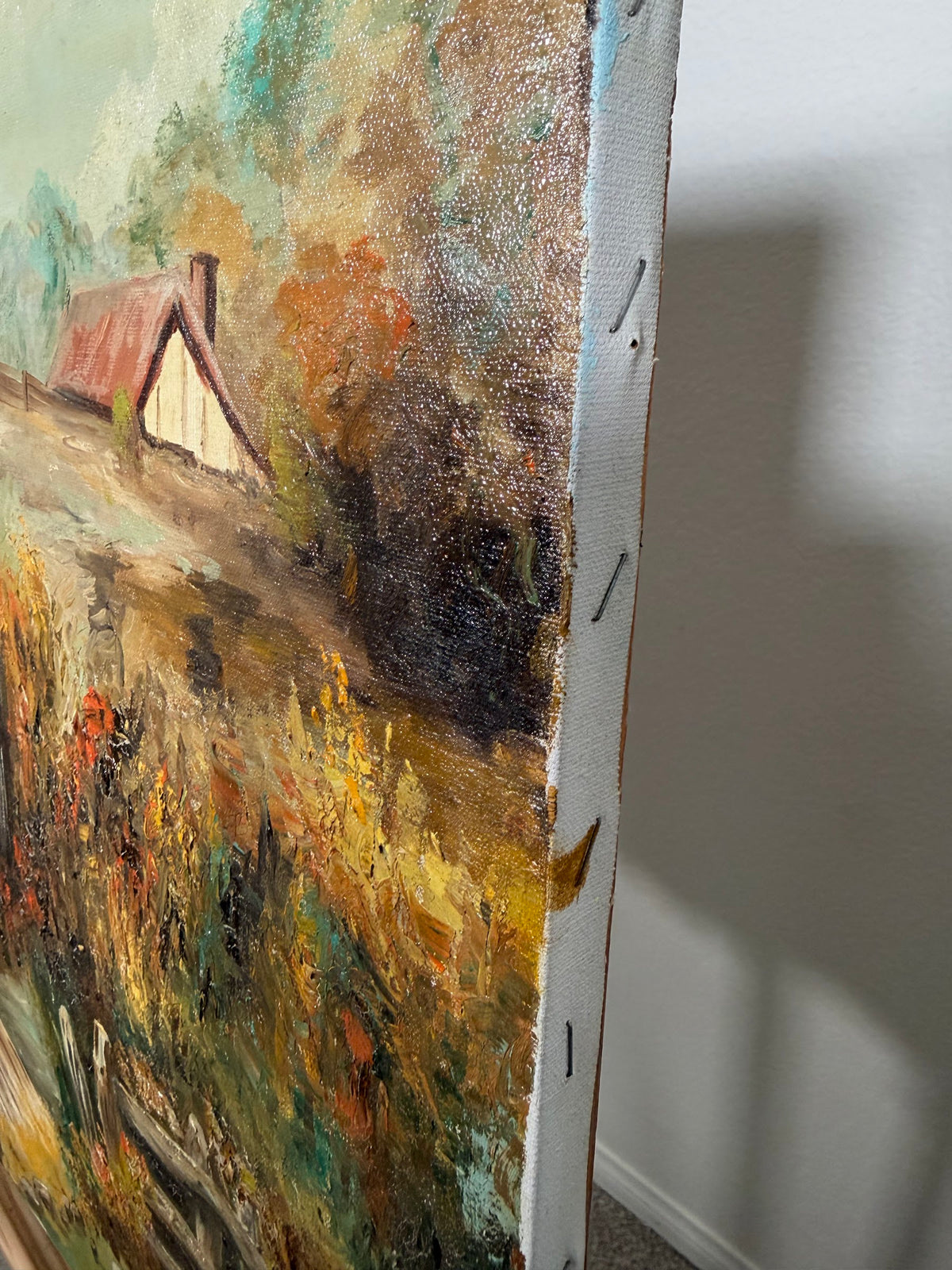 Lot 688: Old Water Mill Oil Painting, Stone Mill and Wheel, Signed Celina, Unframed, 24 x 20 in