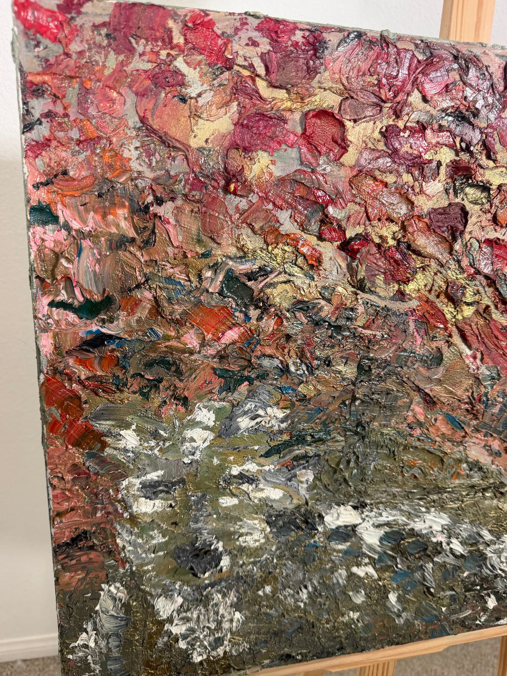 Lot 602: Heavy Impasto Abstract Oil Painting on Canvas, Crimson Rust and Gold, 24 x 21 in