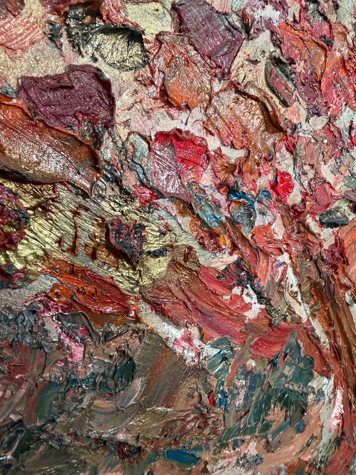 Lot 602: Heavy Impasto Abstract Oil Painting on Canvas, Crimson Rust and Gold, 24 x 21 in