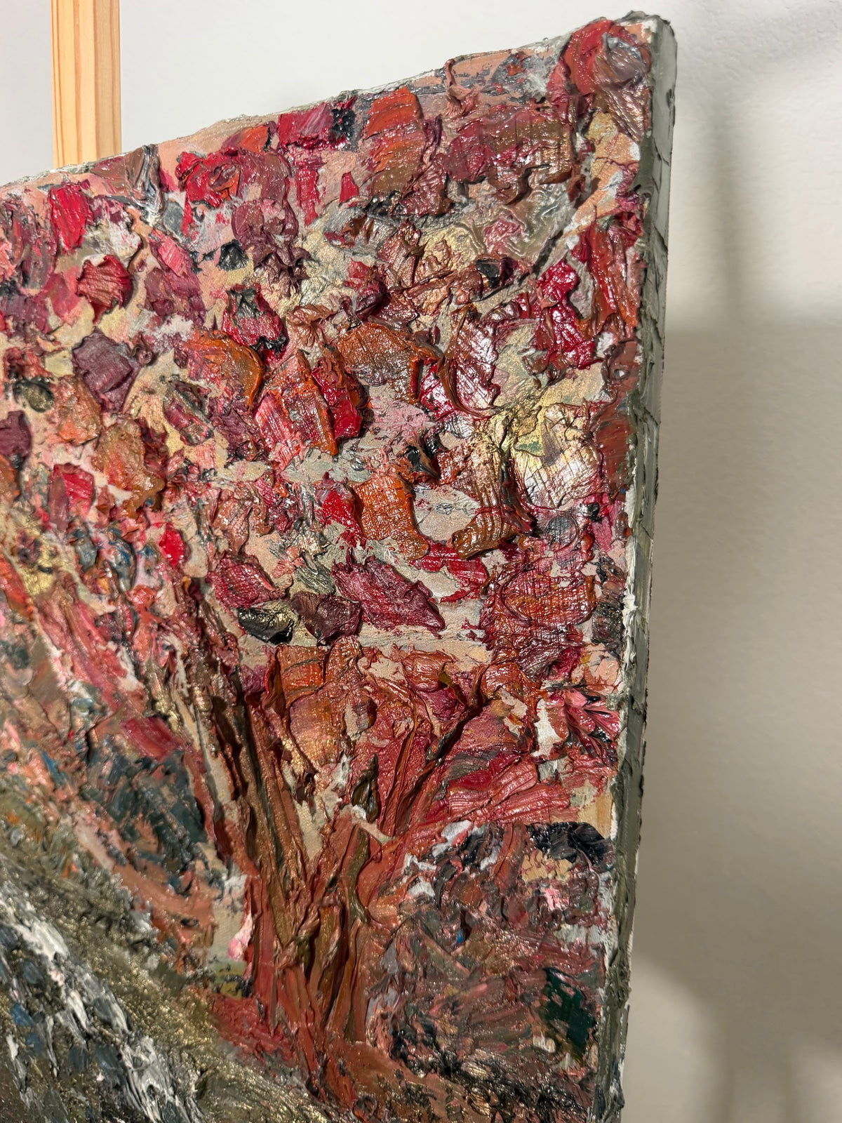 Lot 602: Heavy Impasto Abstract Oil Painting on Canvas, Crimson Rust and Gold, 24 x 21 in