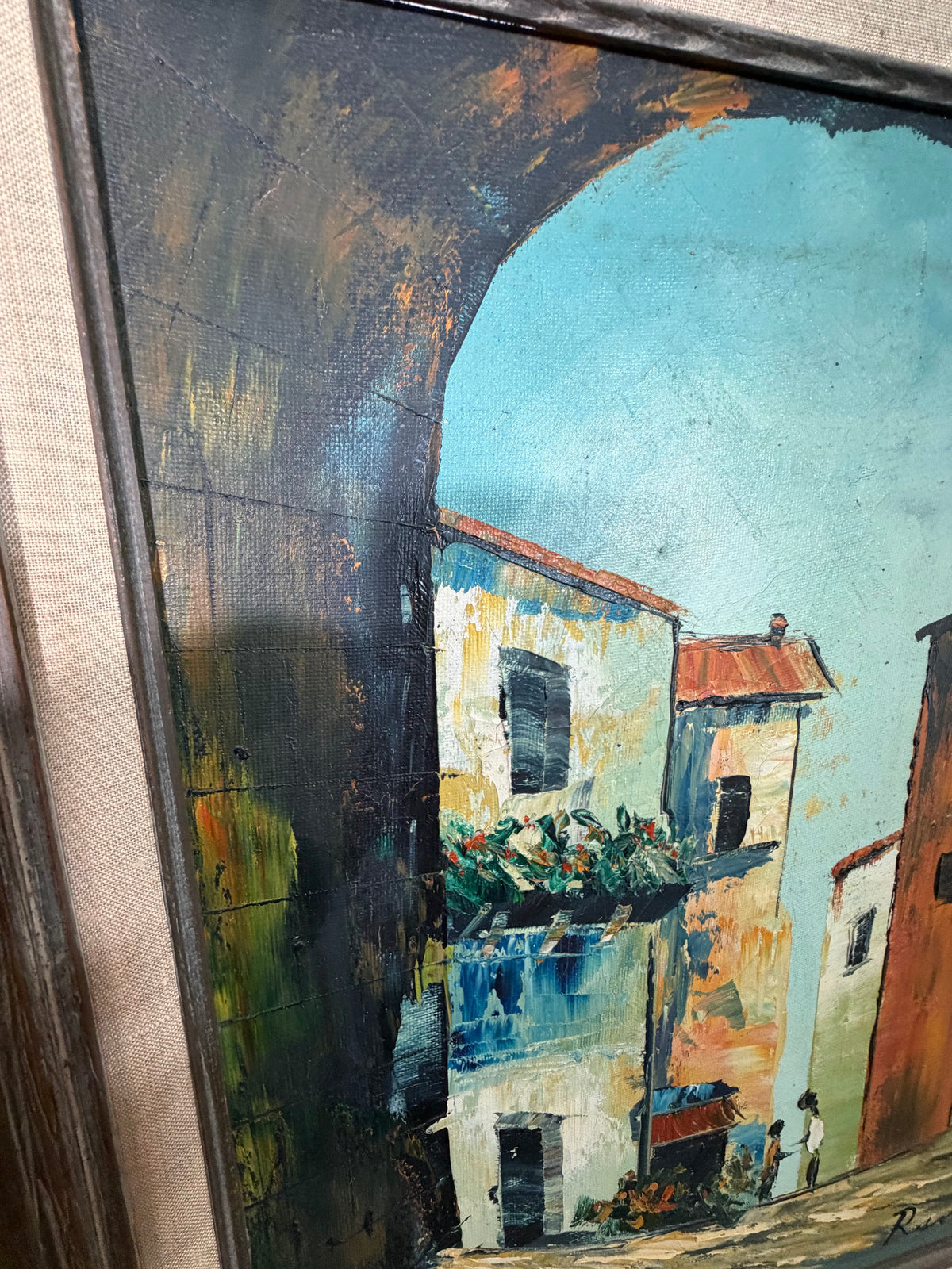 Lot 604: Large Vintage Signed Oil Painting, Mediterranean Village Street Scene, Framed, 29 x 25 in
