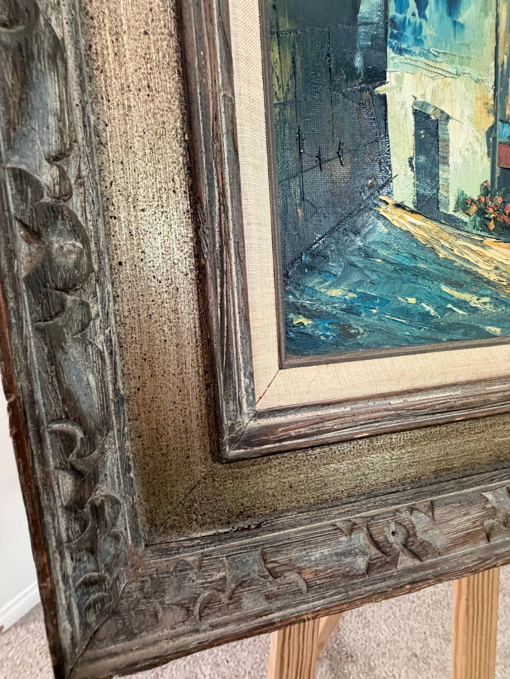 Lot 604: Large Vintage Signed Oil Painting, Mediterranean Village Street Scene, Framed, 29 x 25 in
