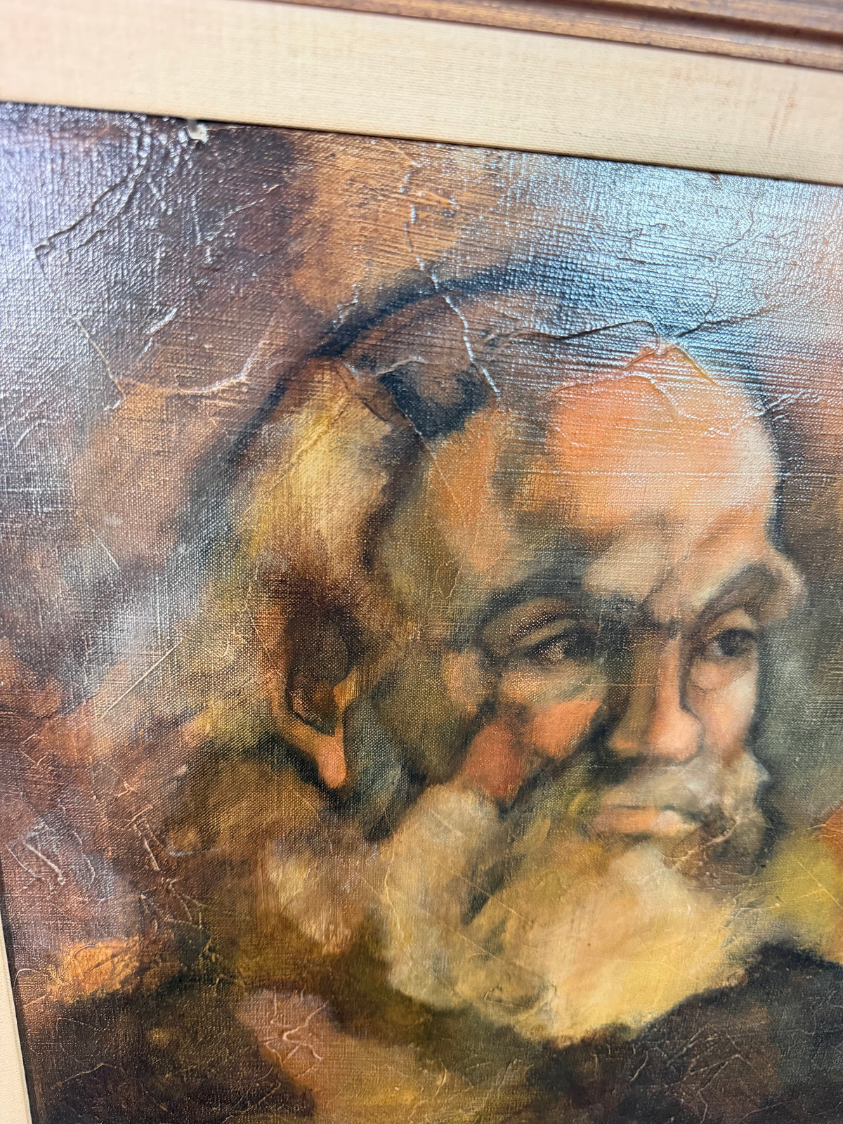 Lot 682: Original Oil Portrait of Bearded Elder, Textured Canvas, Signed, Framed, 27.5 x 23 in