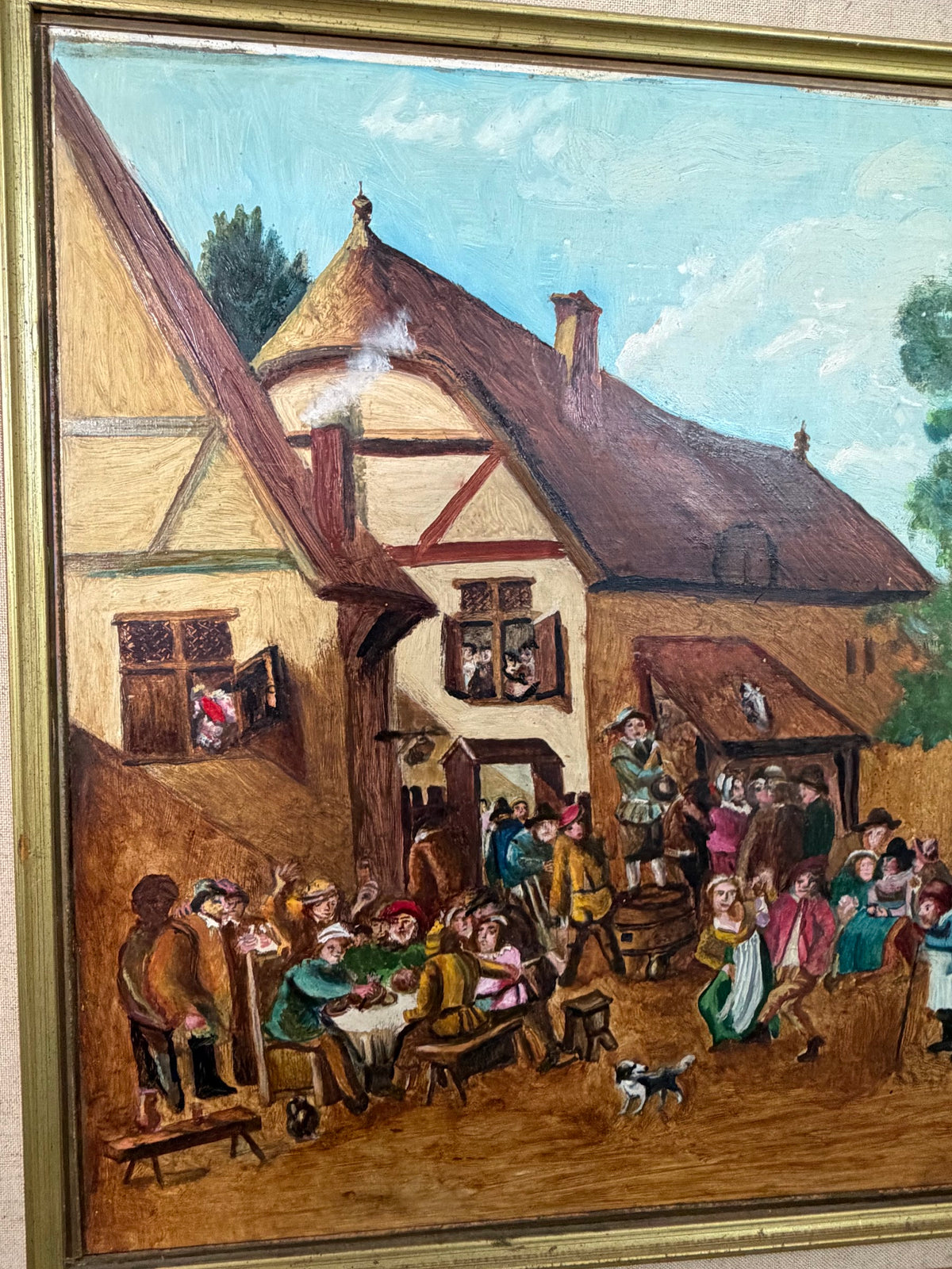 Lot 632: Kun Laszlo Budapest Original Oil Painting, European Village Tavern Scene, Framed, 28 x 23 in