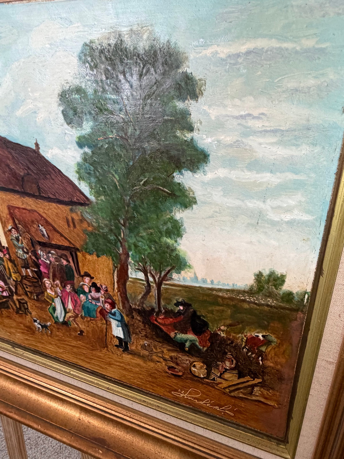 Lot 632: Kun Laszlo Budapest Original Oil Painting, European Village Tavern Scene, Framed, 28 x 23 in