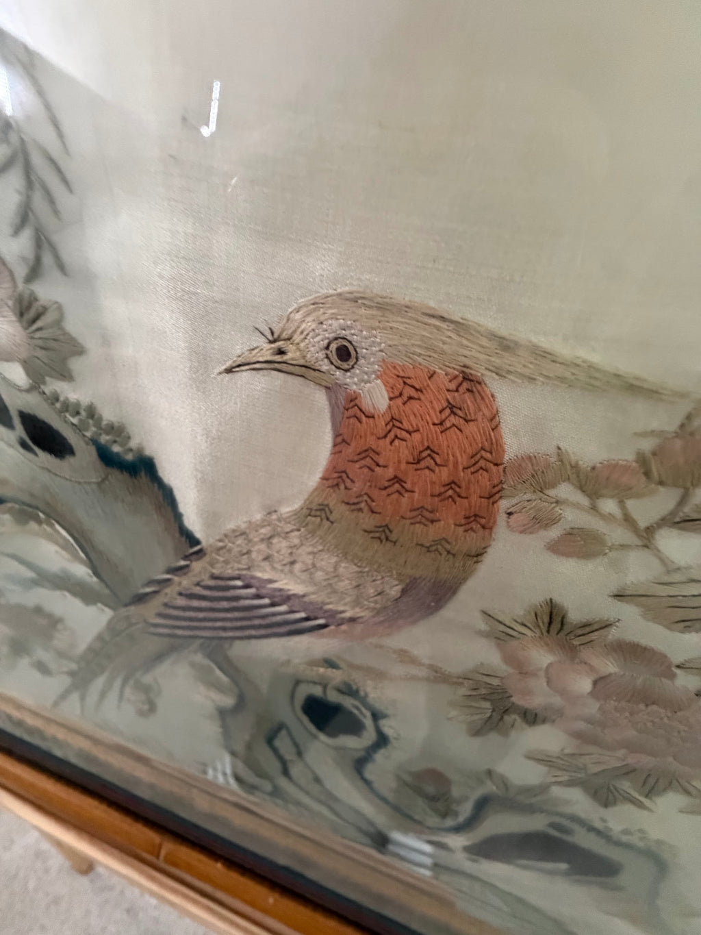 Lot 675: Antique Chinese Silk Embroidery, Golden Pheasant with Peonies and Swallows, Framed, 29 x 21 in