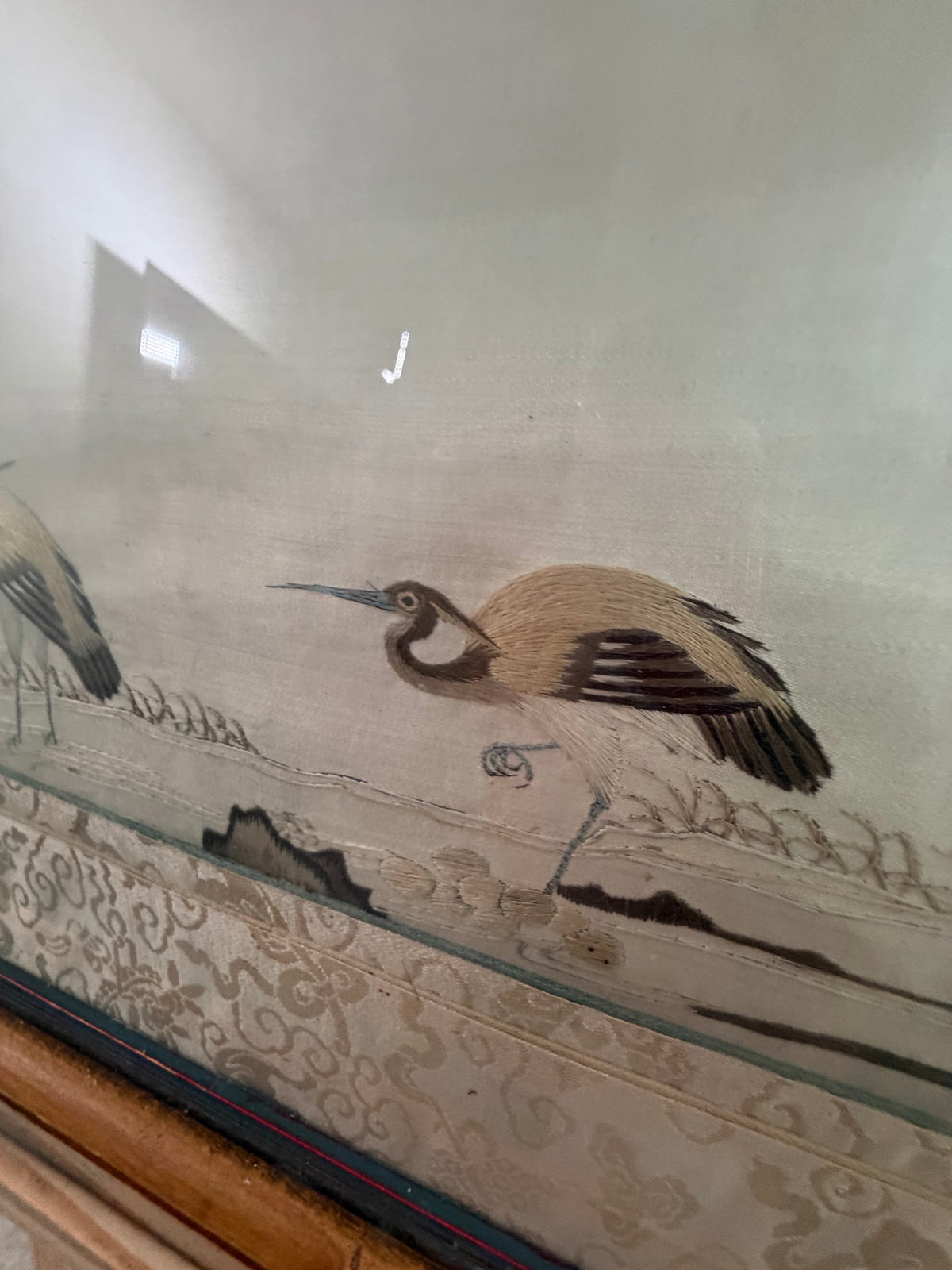 Lot 675: Antique Chinese Silk Embroidery, Golden Pheasant with Peonies and Swallows, Framed, 29 x 21 in