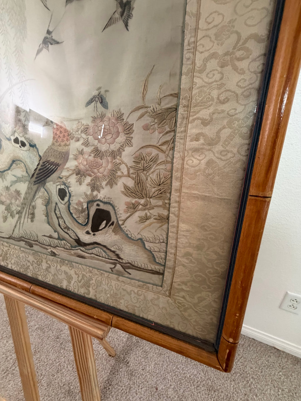 Lot 675: Antique Chinese Silk Embroidery, Golden Pheasant with Peonies and Swallows, Framed, 29 x 21 in