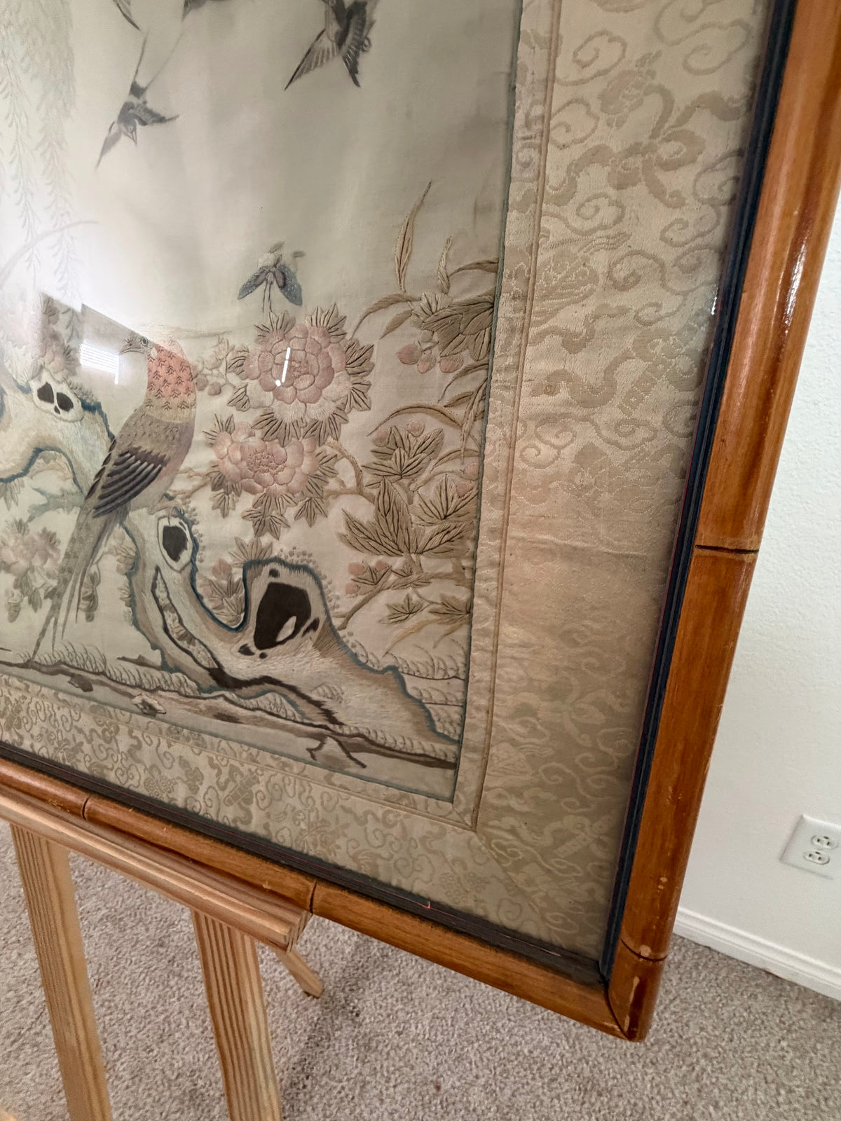Lot 675: Antique Chinese Silk Embroidery, Golden Pheasant with Peonies and Swallows, Framed, 29 x 21 in