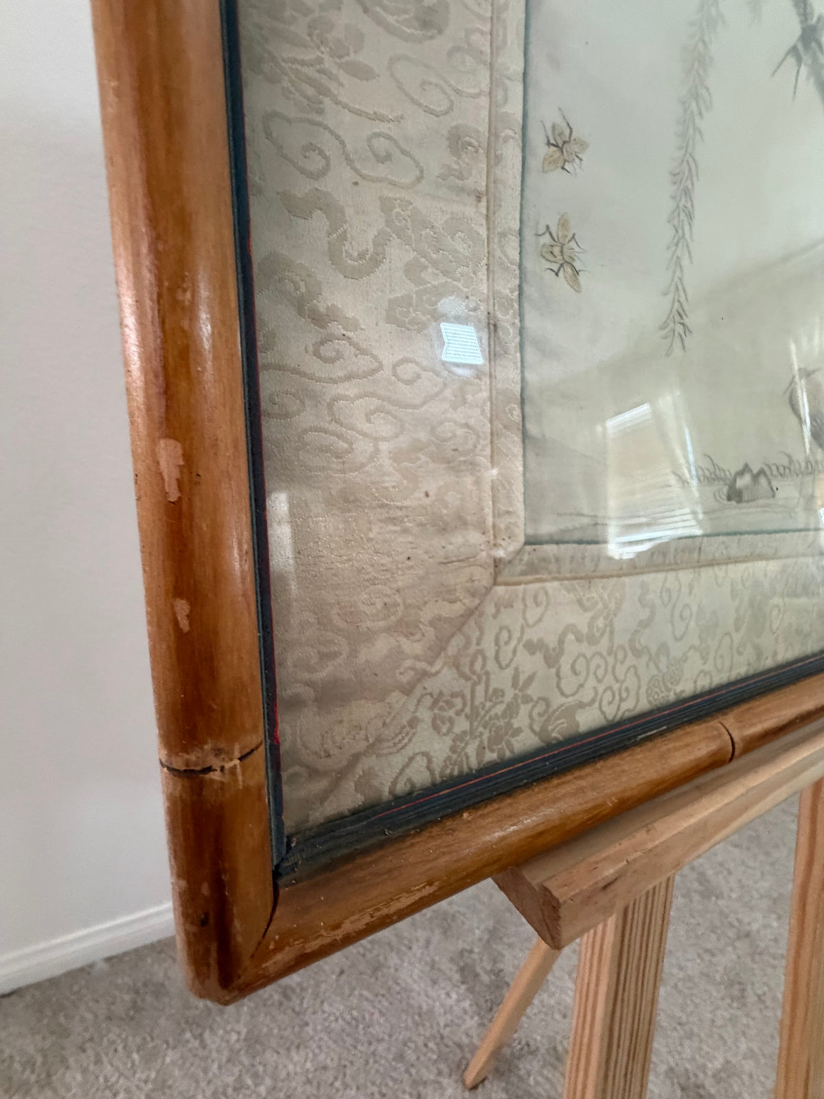 Lot 675: Antique Chinese Silk Embroidery, Golden Pheasant with Peonies and Swallows, Framed, 29 x 21 in