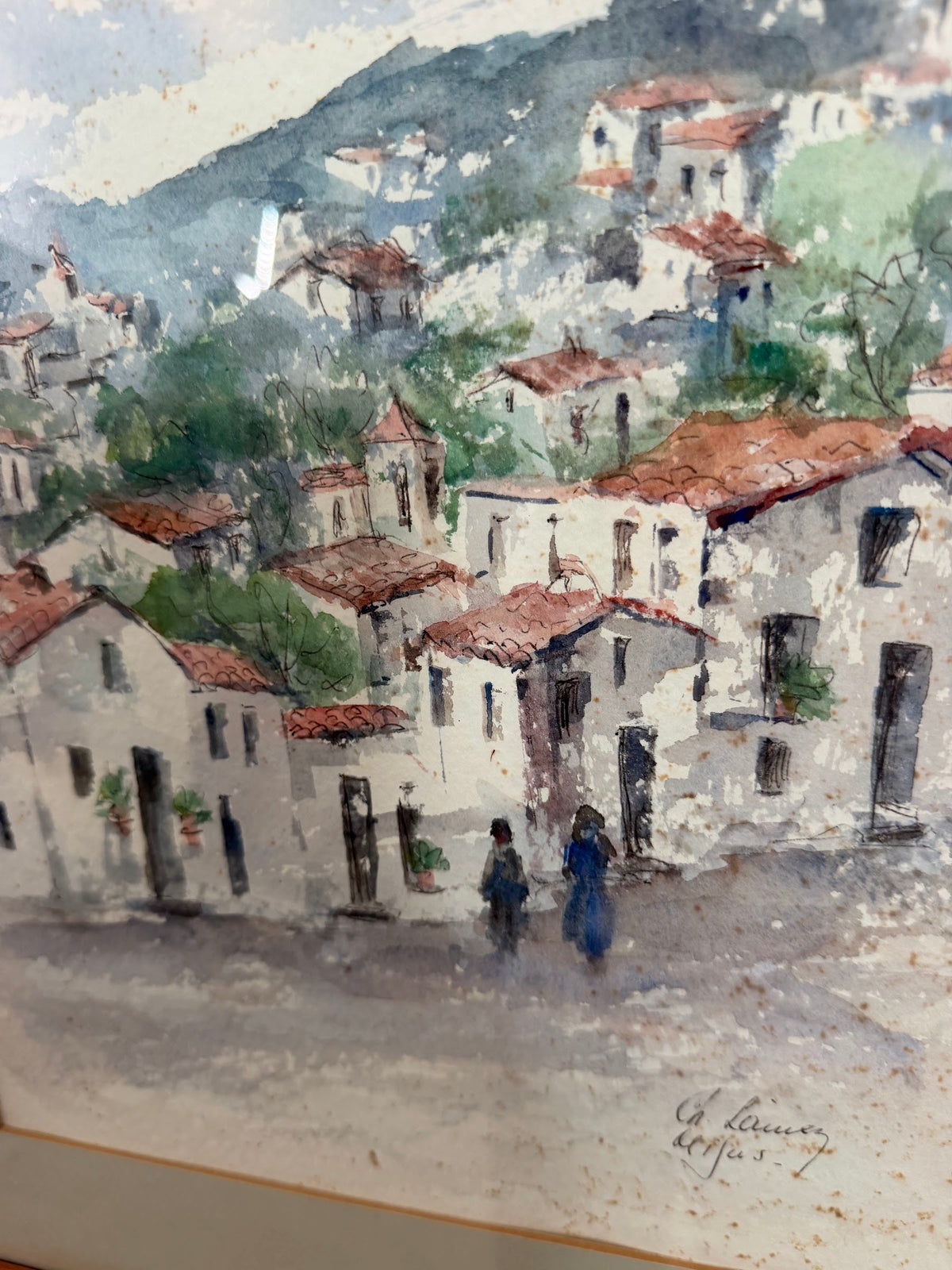 Lot 627: Original Watercolor, Mediterranean Hillside Village, Signed Ch. Lainez, Framed, 19 x 24 in