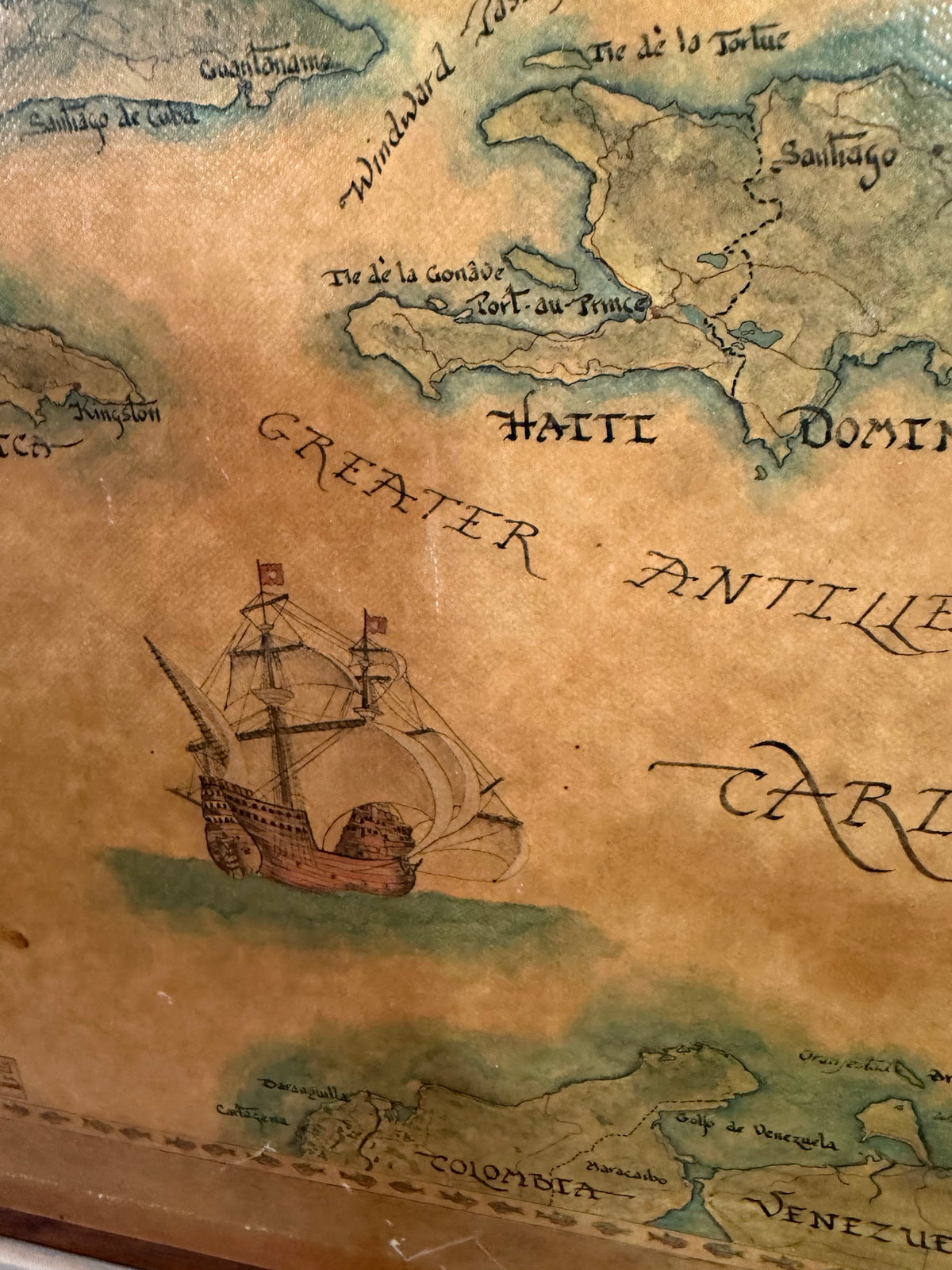 Lot 1005: Hand Lettered Decorative Map, West Indies and the Caribbean, Signed, Framed, 21 x 15 in