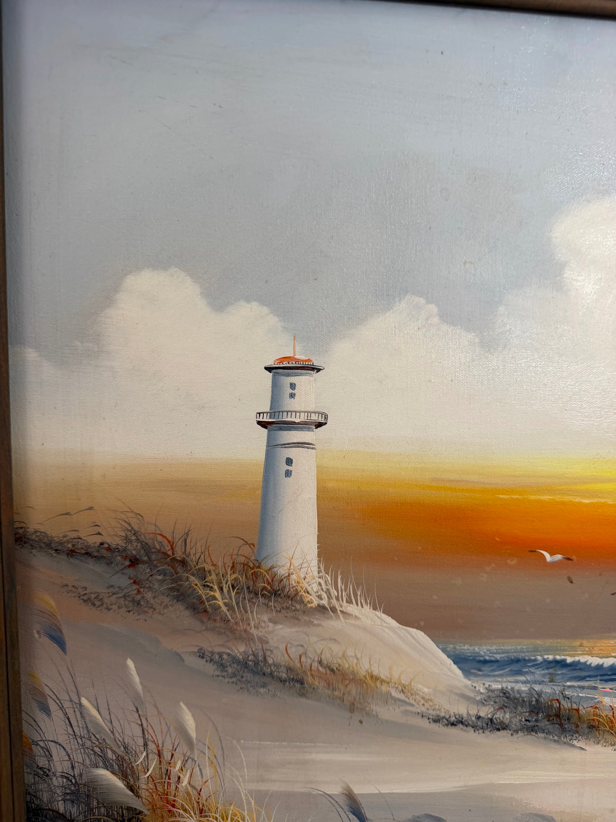 Original Lighthouse Seascape Oil Painting, Sunset Dunes and Gulls, Signed, 24 x 28 in