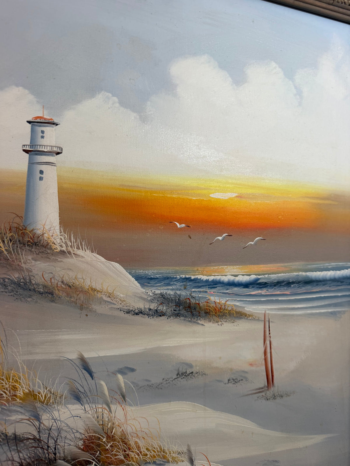 Original Lighthouse Seascape Oil Painting, Sunset Dunes and Gulls, Signed, 24 x 28 in