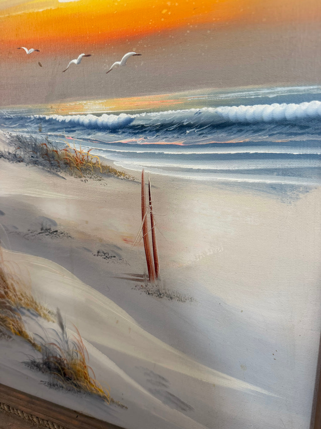 Original Lighthouse Seascape Oil Painting, Sunset Dunes and Gulls, Signed, 24 x 28 in