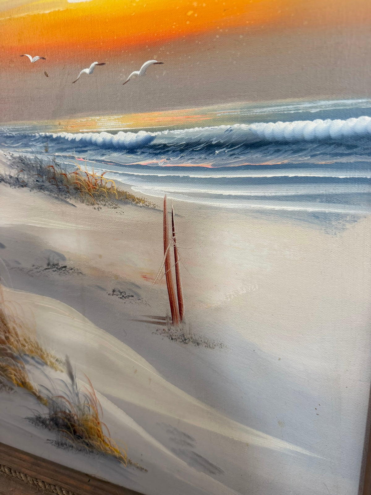 Original Lighthouse Seascape Oil Painting, Sunset Dunes and Gulls, Signed, 24 x 28 in