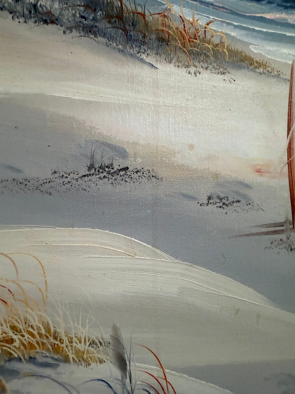 Original Lighthouse Seascape Oil Painting, Sunset Dunes and Gulls, Signed, 24 x 28 in