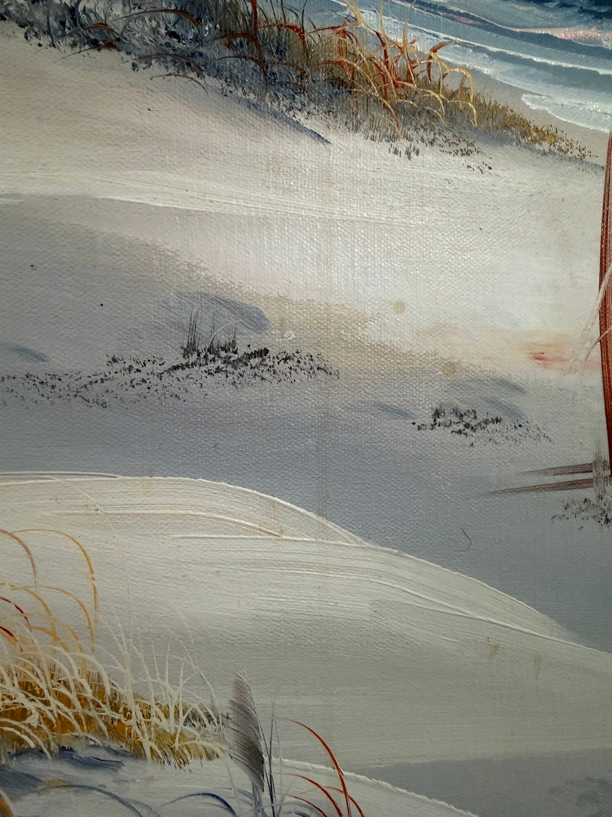 Original Lighthouse Seascape Oil Painting, Sunset Dunes and Gulls, Signed, 24 x 28 in