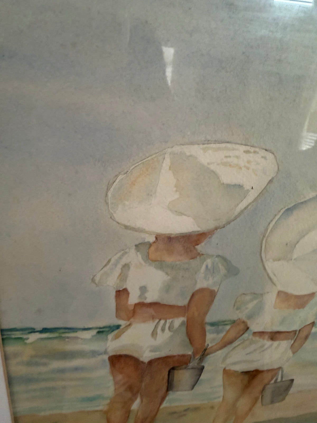 Jeanne Robertson HWS Original Watercolor, Two Girls on the Beach, Framed, 17 x 22 in