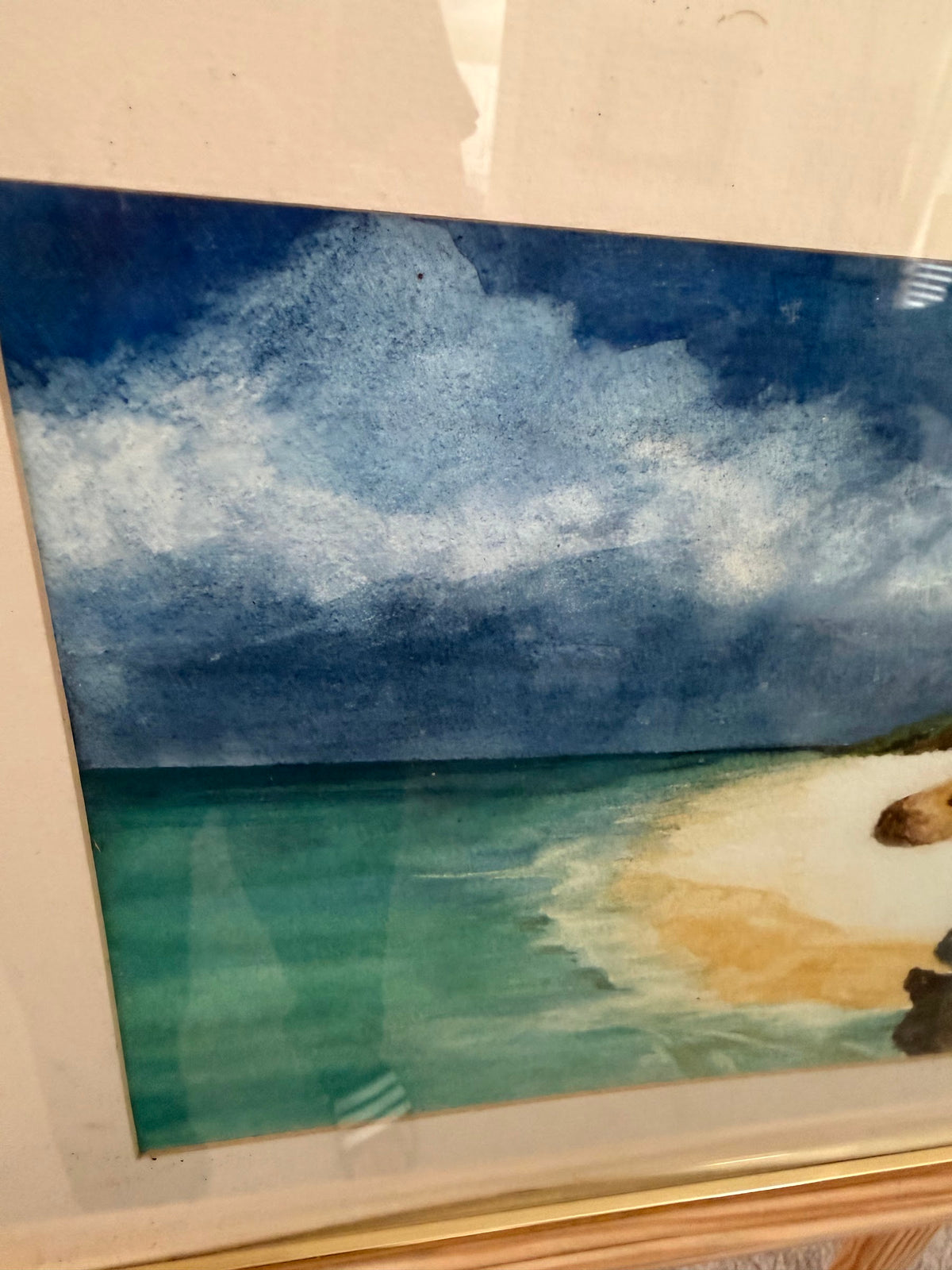 Original Coastal Seascape Painting, Turquoise Cove and Cliffs, Gold Frame, 20 x 16 in