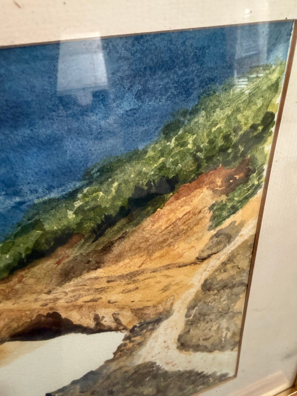 Original Coastal Seascape Painting, Turquoise Cove and Cliffs, Gold Frame, 20 x 16 in