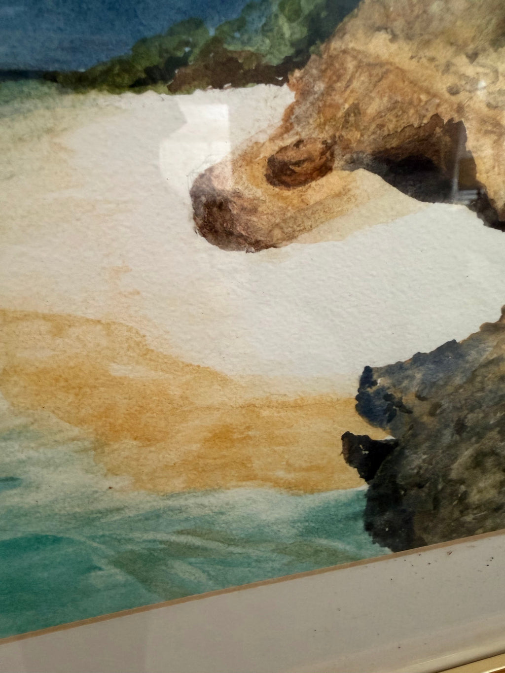 Original Coastal Seascape Painting, Turquoise Cove and Cliffs, Gold Frame, 20 x 16 in