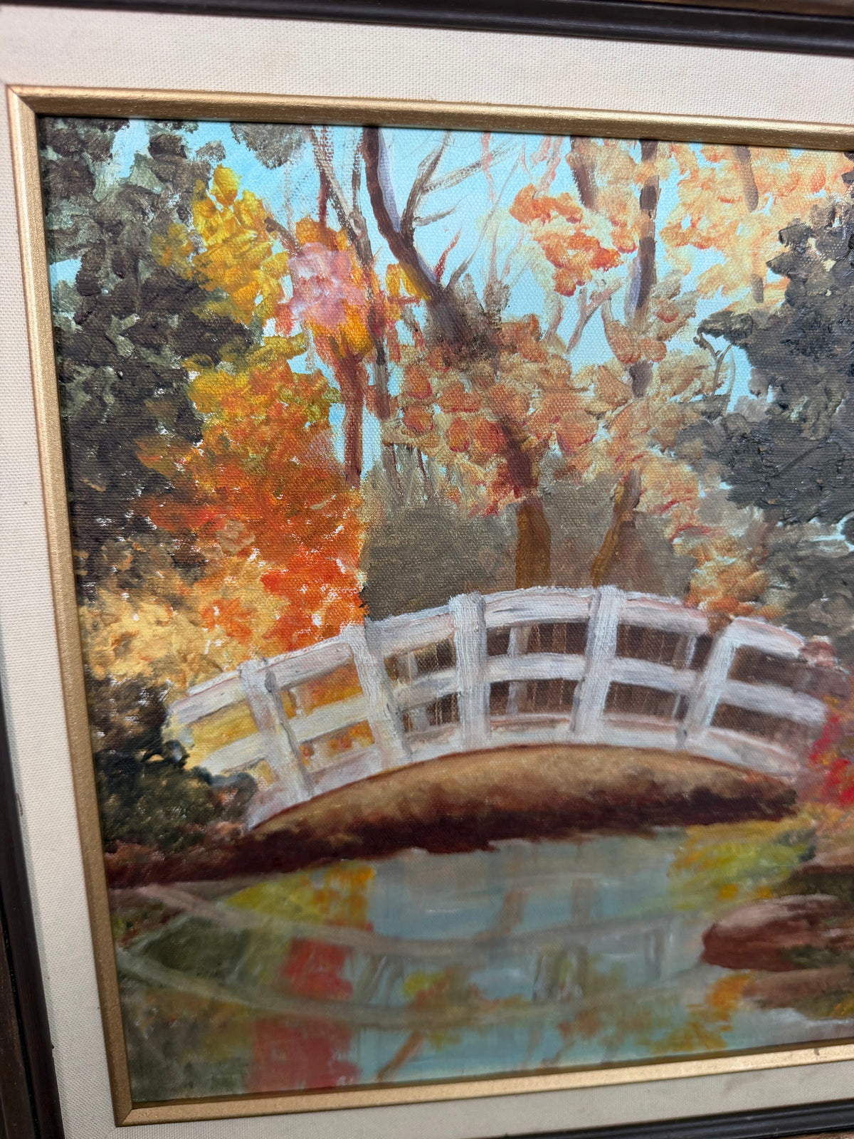 Oil Painting of White Garden Bridge in Autumn, Monet Inspired, Signed, Framed