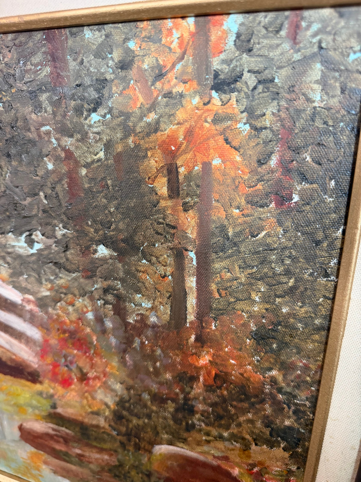 Oil Painting of White Garden Bridge in Autumn, Monet Inspired, Signed, Framed