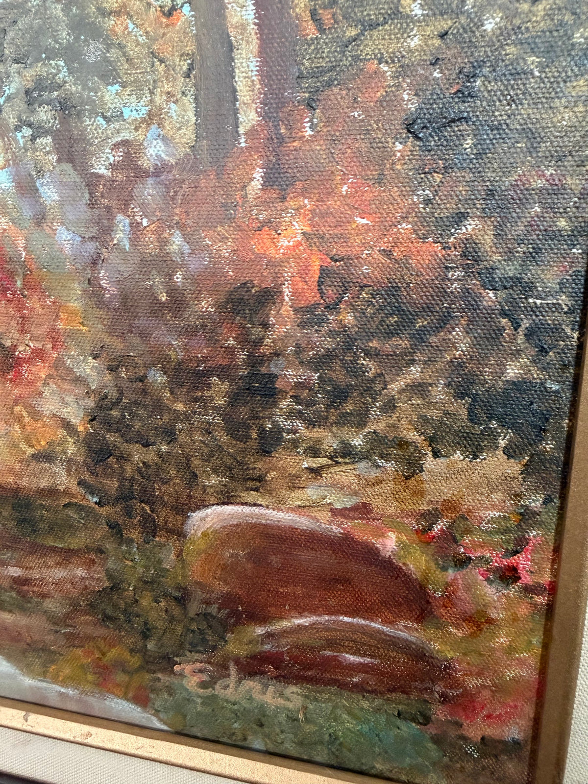 Oil Painting of White Garden Bridge in Autumn, Monet Inspired, Signed, Framed