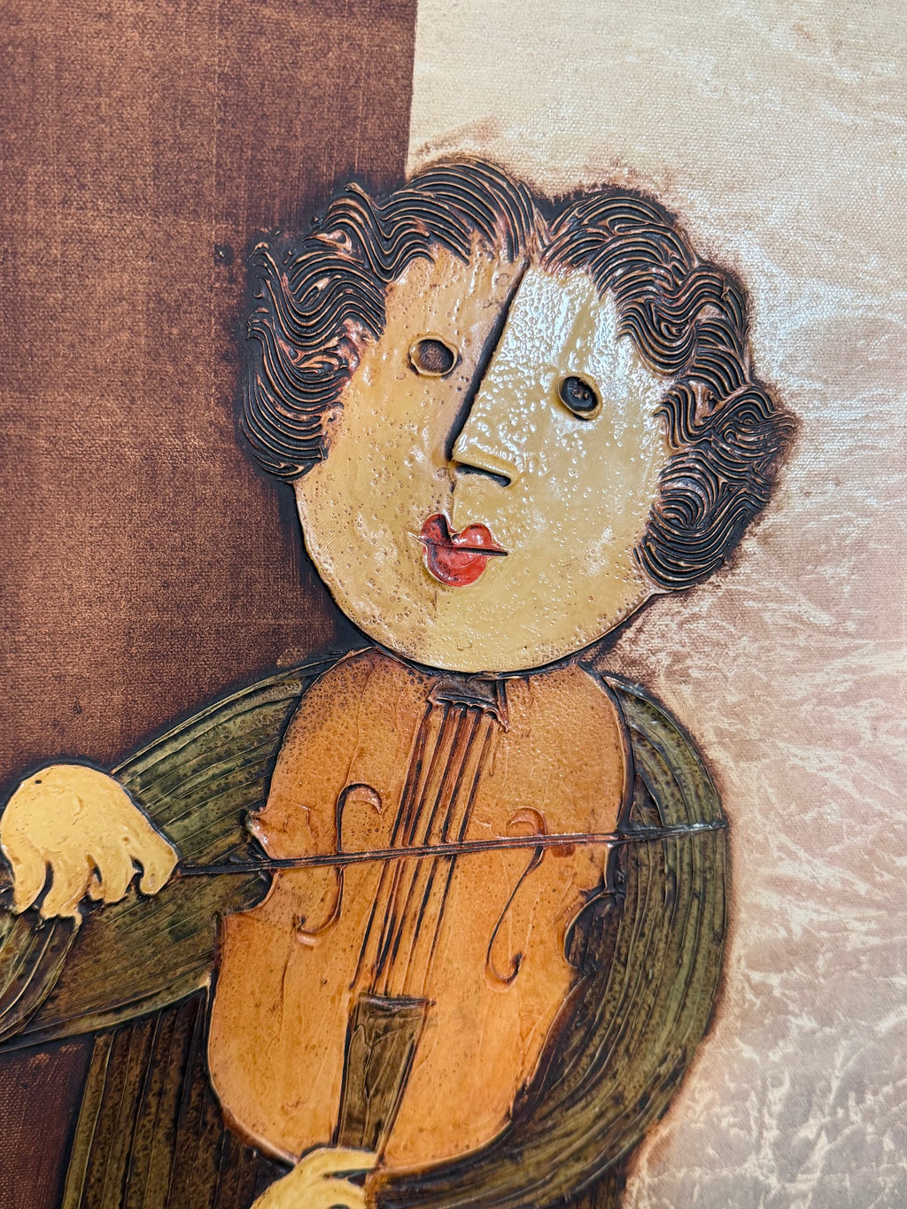 Mid Century Modernist Boy with Violin Painting, Signed, Robert Sills Gallery Label