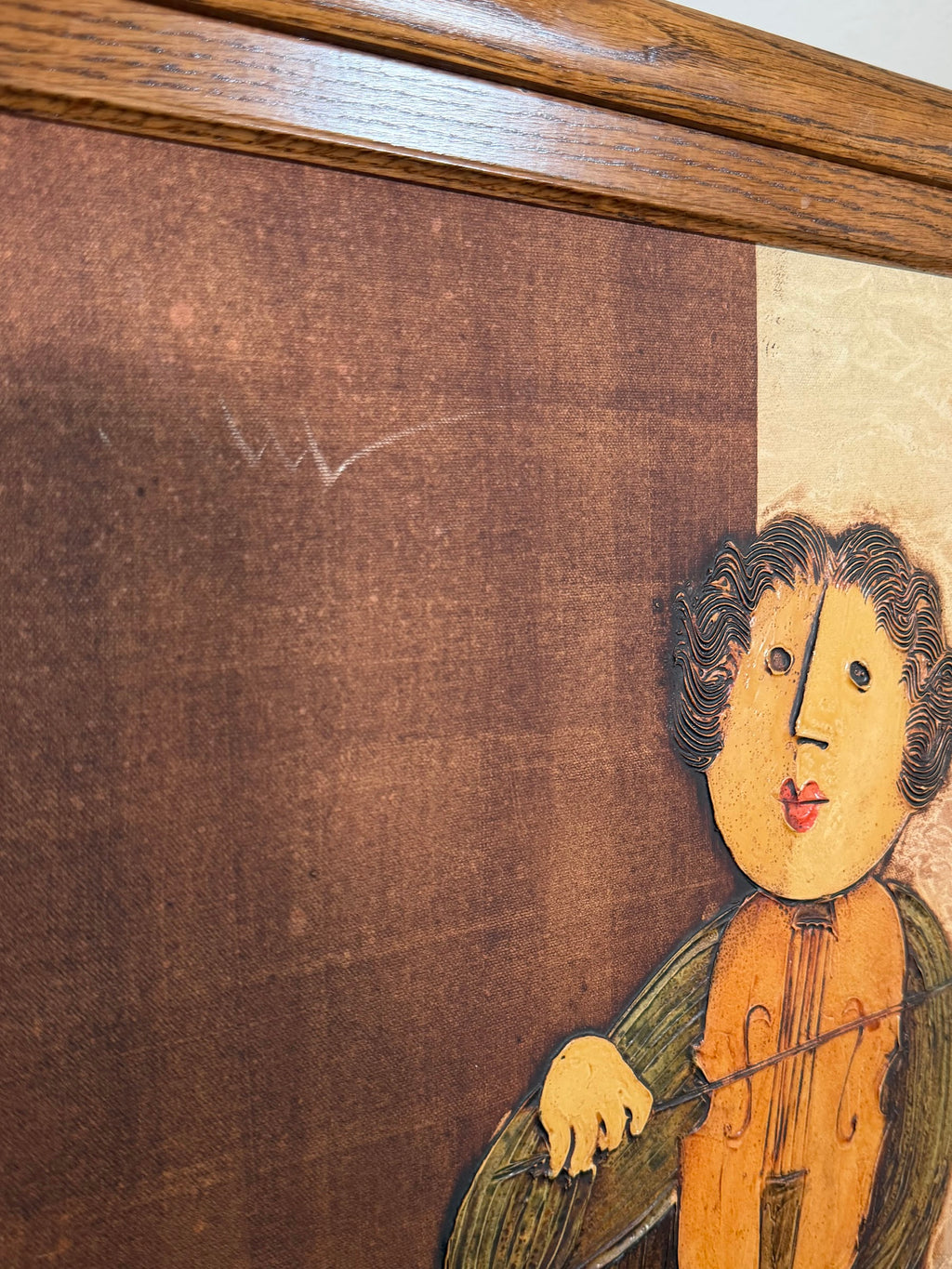 Mid Century Modernist Boy with Violin Painting, Signed, Robert Sills Gallery Label