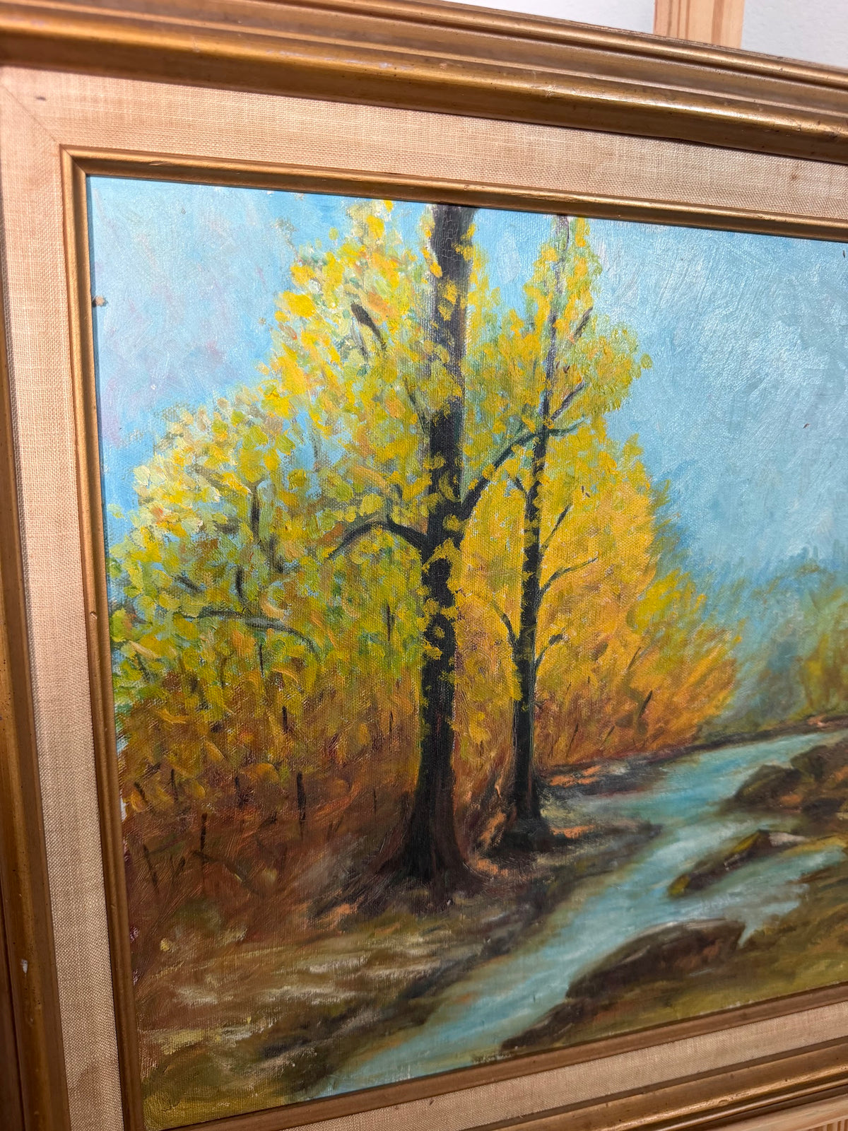 Autumn River Landscape Oil Painting, Golden Trees, Signed, Gold Frame, 25 x 21 in