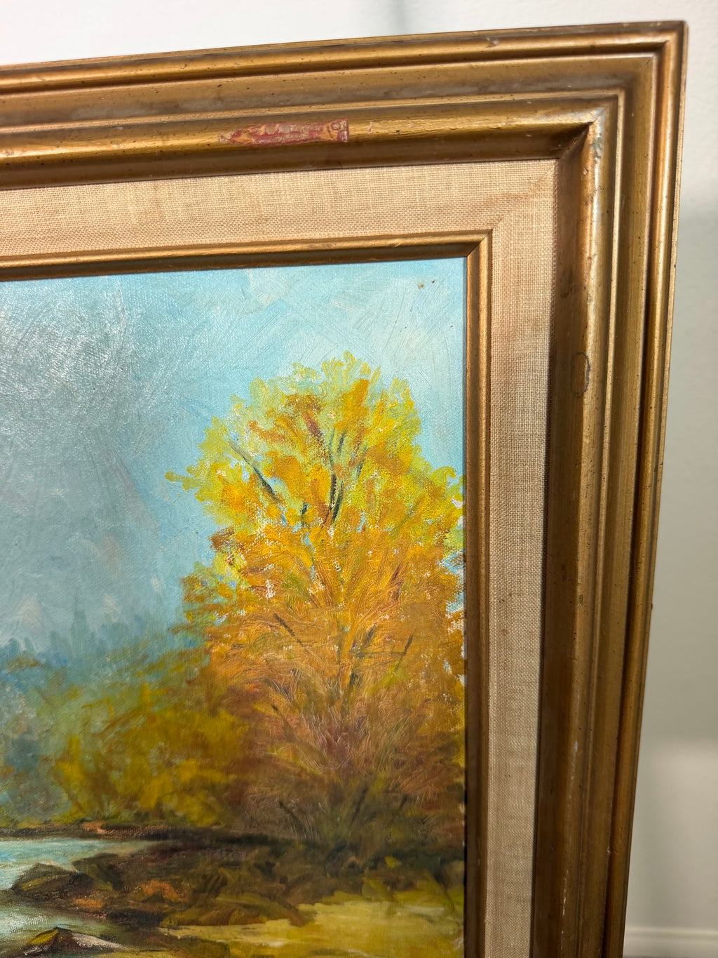 Autumn River Landscape Oil Painting, Golden Trees, Signed, Gold Frame, 25 x 21 in