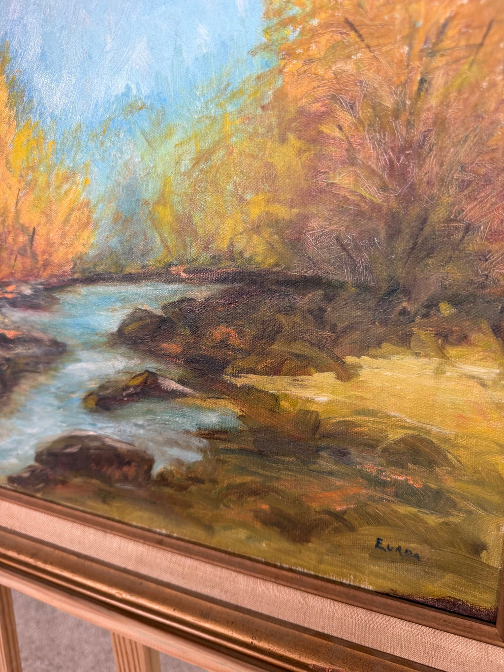 Autumn River Landscape Oil Painting, Golden Trees, Signed, Gold Frame, 25 x 21 in