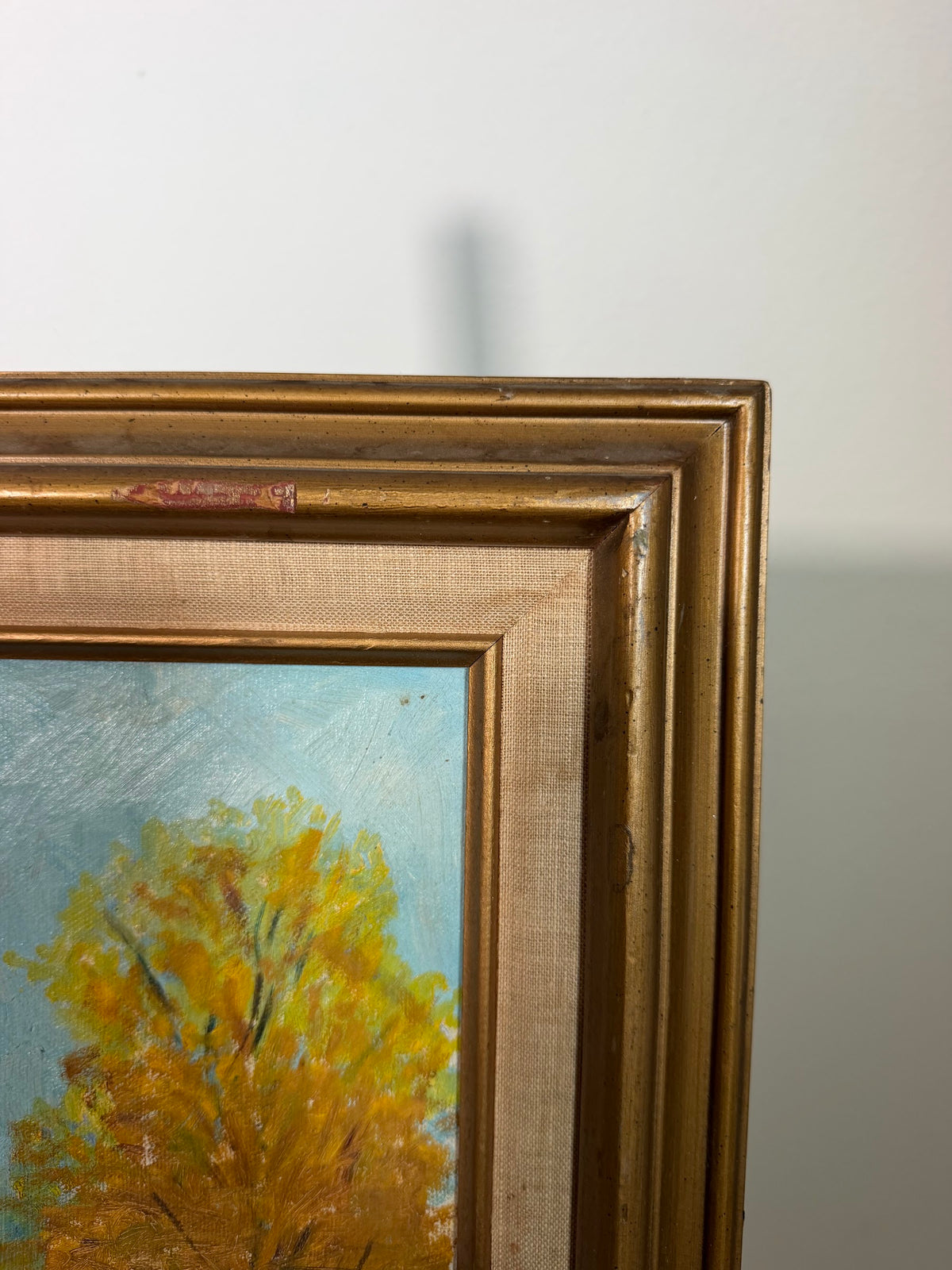 Autumn River Landscape Oil Painting, Golden Trees, Signed, Gold Frame, 25 x 21 in