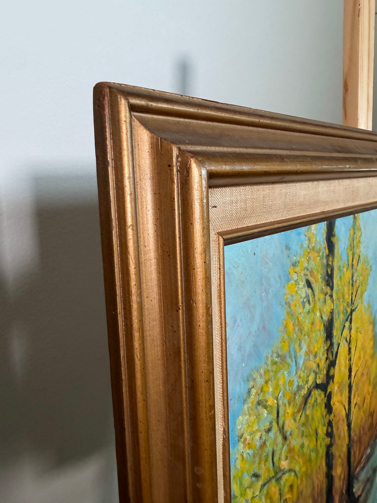 Autumn River Landscape Oil Painting, Golden Trees, Signed, Gold Frame, 25 x 21 in