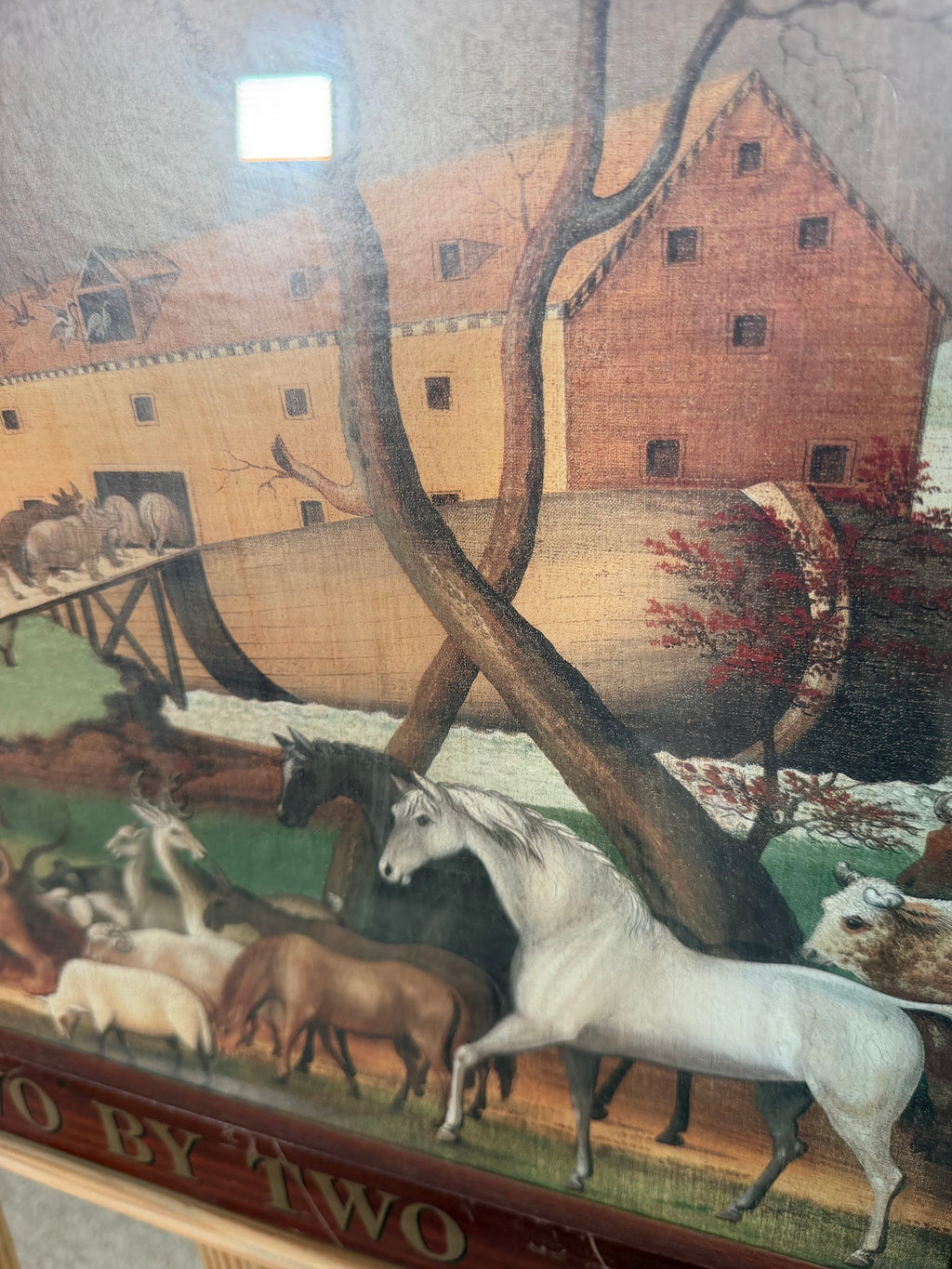 Two by Two Noah's Ark Print After Edward Hicks, Wood Frame with Title Plaque, 23 x 19.5 in