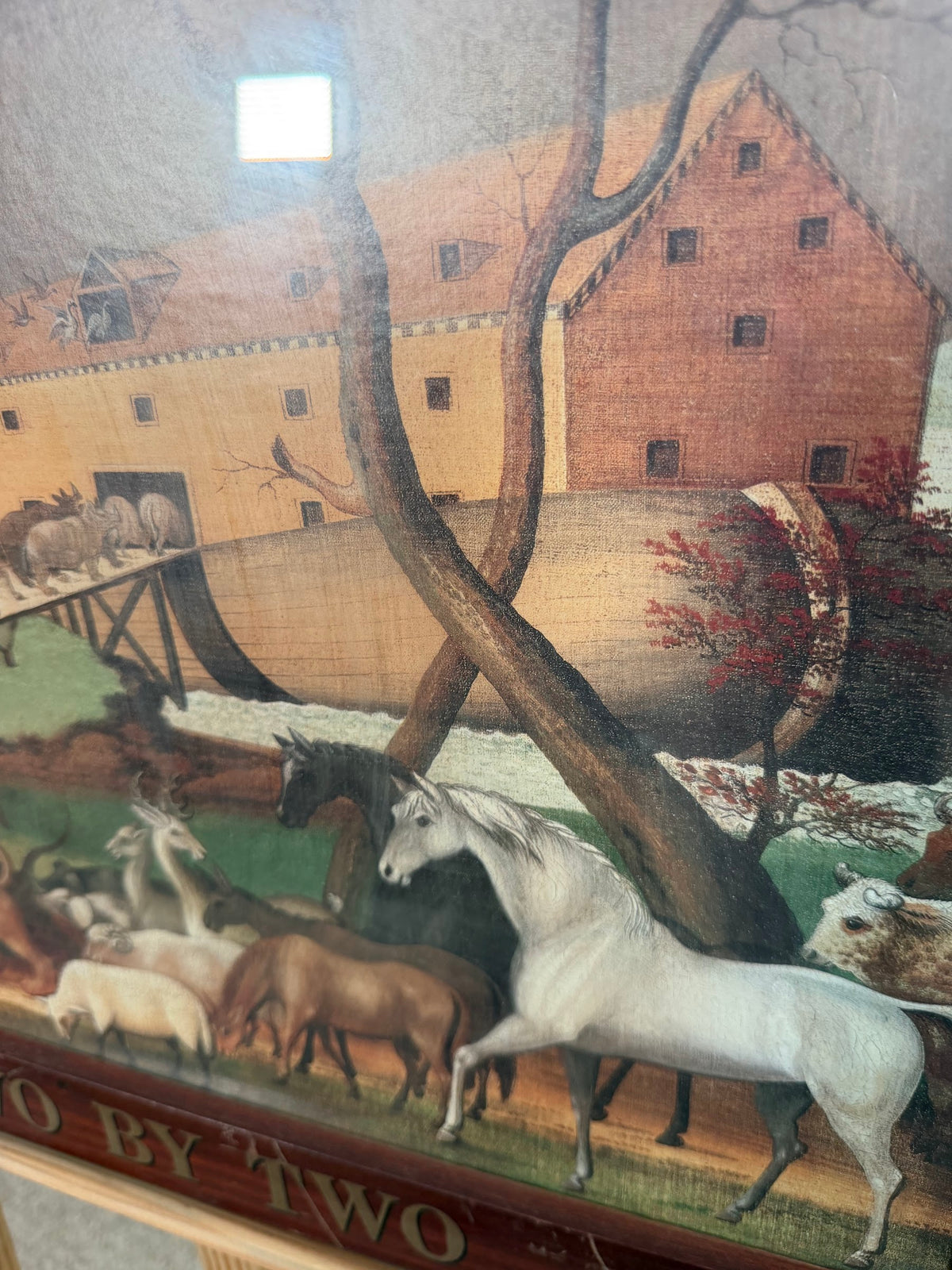 Two by Two Noah's Ark Print After Edward Hicks, Wood Frame with Title Plaque, 23 x 19.5 in