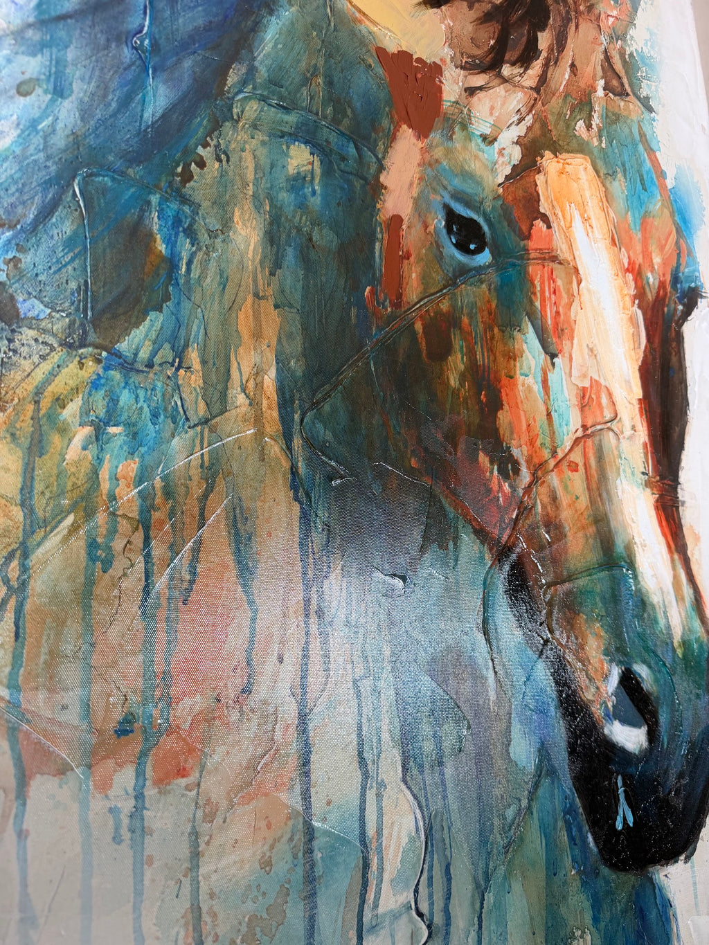 Large Abstract Horse Portrait on Canvas, Turquoise and Rust Drip Style, 32 x 47 in