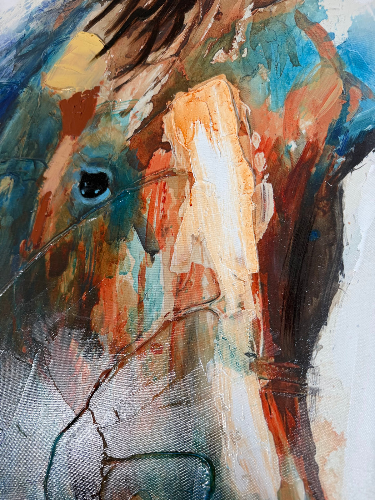 Large Abstract Horse Portrait on Canvas, Turquoise and Rust Drip Style, 32 x 47 in