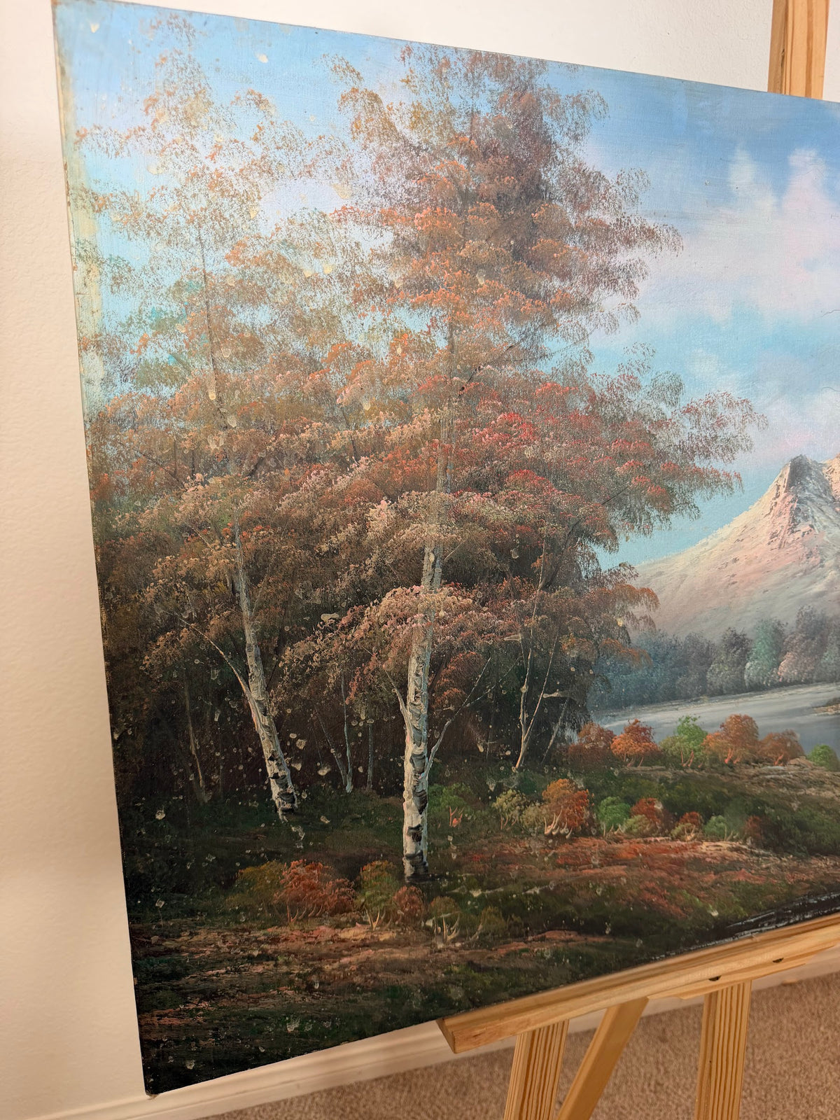 Large Mountain Lake Landscape Oil Painting, Birch Trees and Rose Peaks, Signed, Unframed Canvas, 36 x 24 in