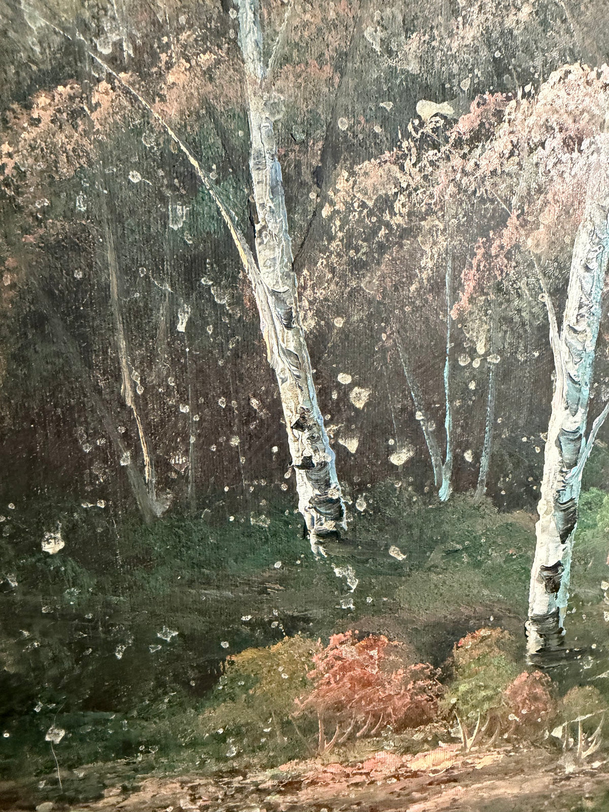 Large Mountain Lake Landscape Oil Painting, Birch Trees and Rose Peaks, Signed, Unframed Canvas, 36 x 24 in