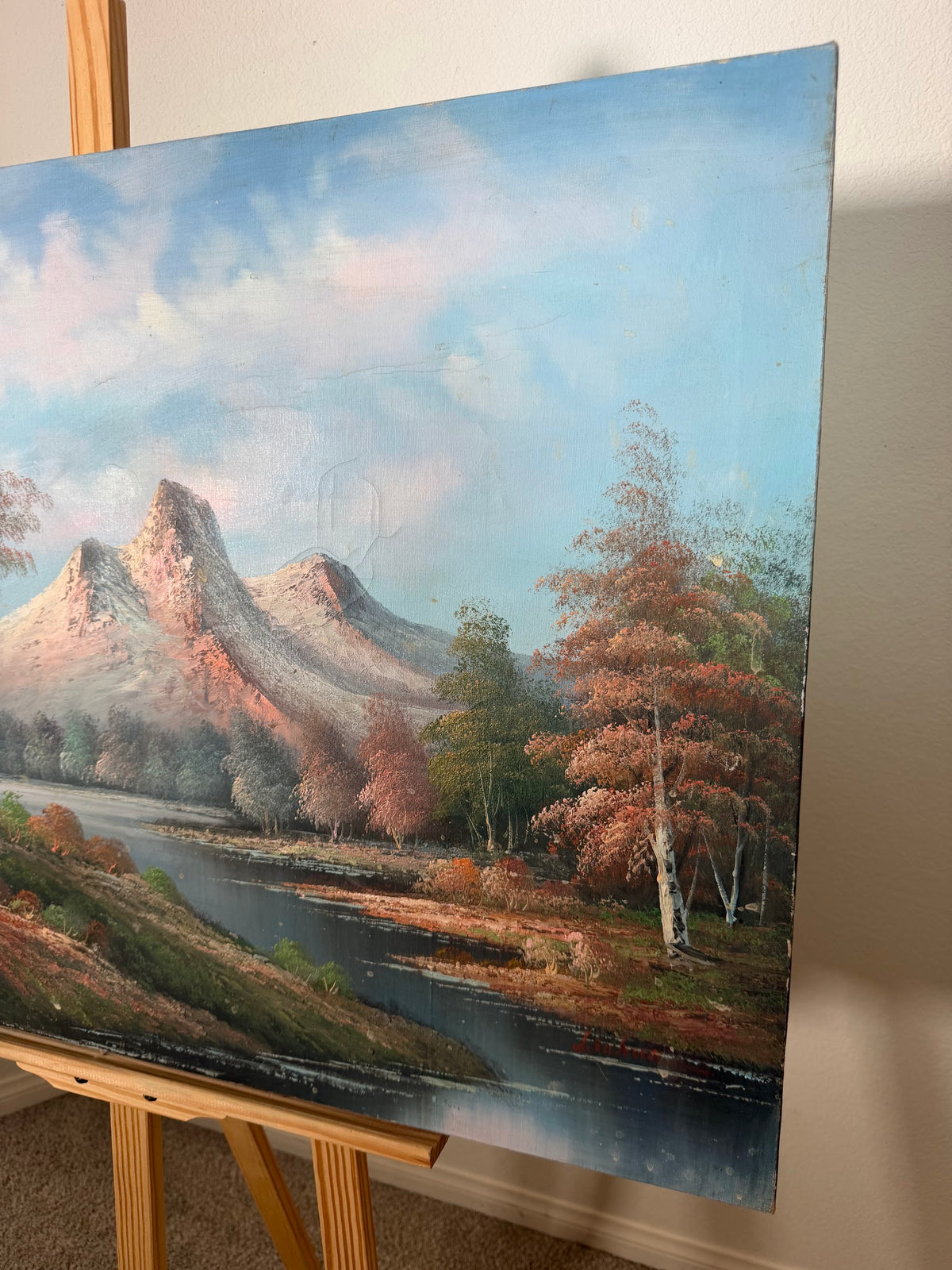 Large Mountain Lake Landscape Oil Painting, Birch Trees and Rose Peaks, Signed, Unframed Canvas, 36 x 24 in