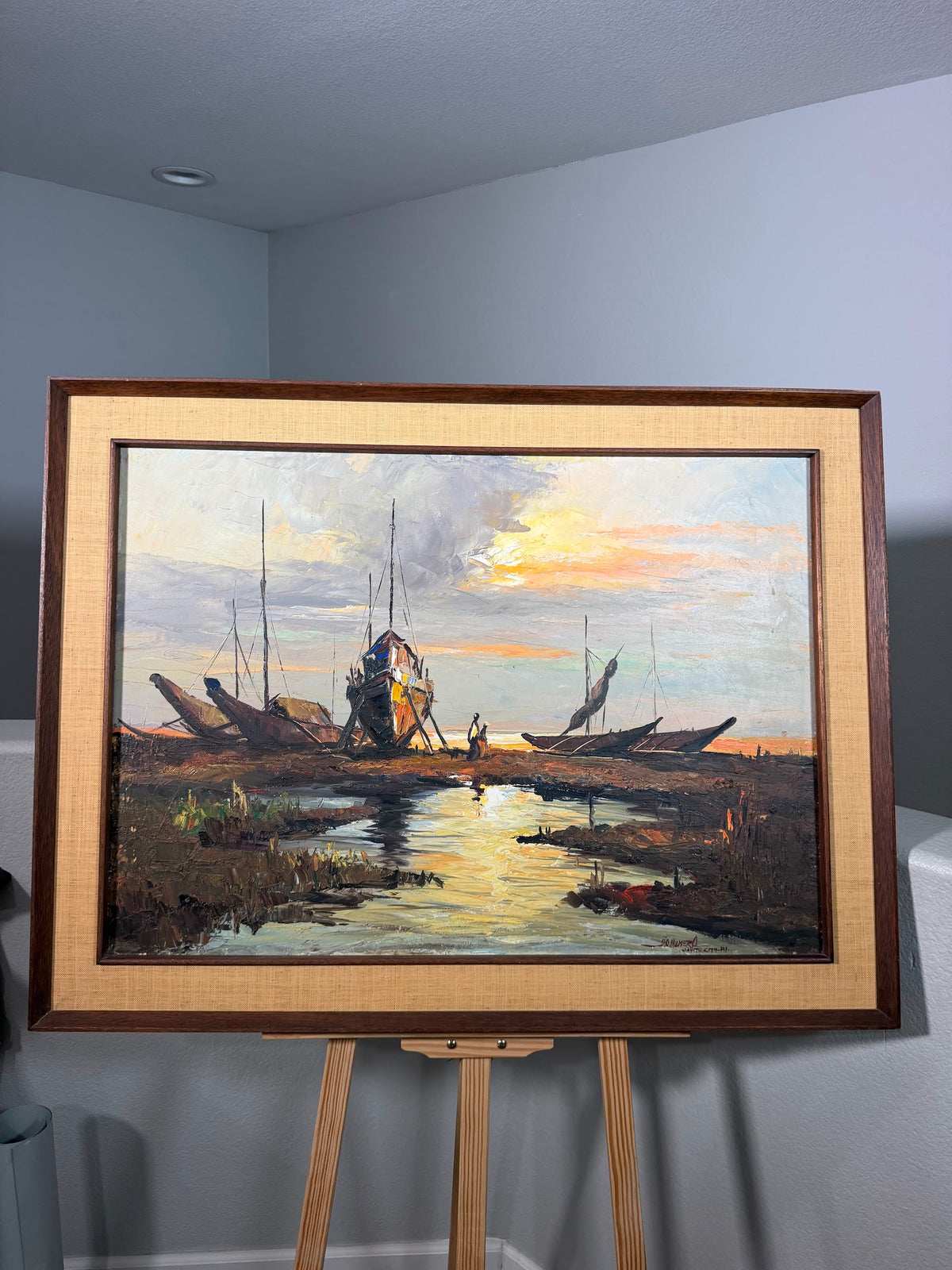 Lot 1024: Mid Century Impasto Oil Painting, Fishing Boats at Sunset, Signed Cavite City P.I., Walnut and Burlap Frame, 41 x 31 in