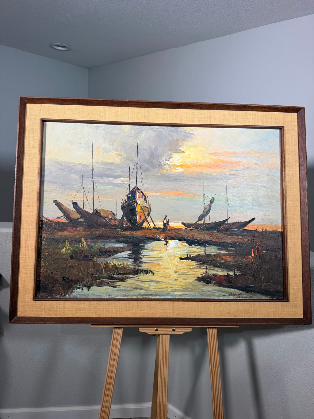 Lot 1024: Mid Century Impasto Oil Painting, Fishing Boats at Sunset, Signed Cavite City P.I., Walnut and Burlap Frame, 41 x 31 in