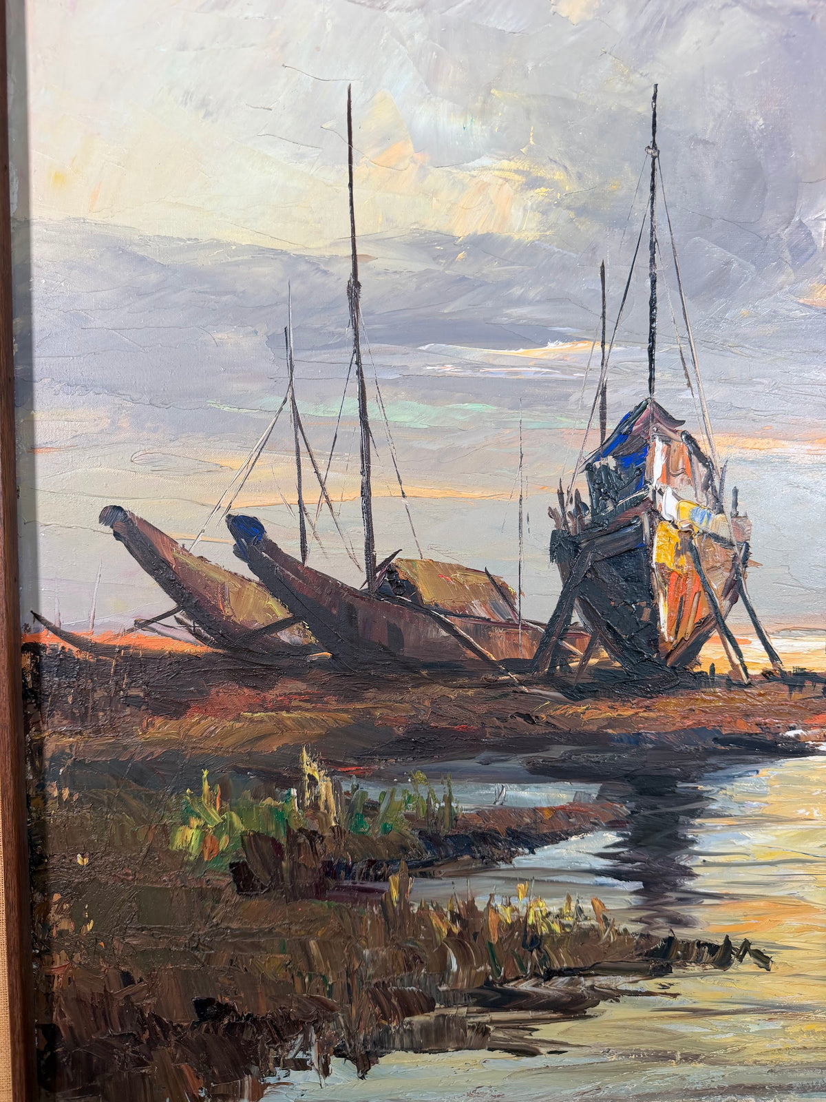 Lot 1024: Mid Century Impasto Oil Painting, Fishing Boats at Sunset, Signed Cavite City P.I., Walnut and Burlap Frame, 41 x 31 in