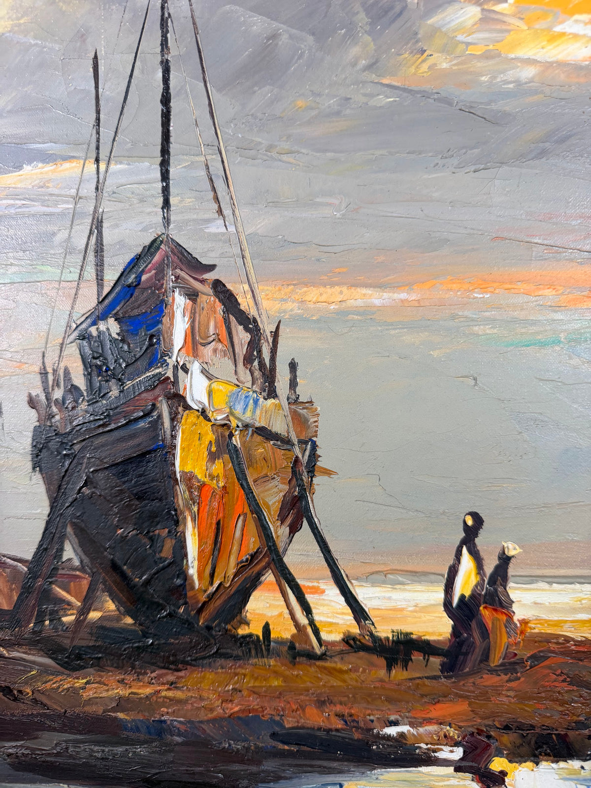 Lot 1024: Mid Century Impasto Oil Painting, Fishing Boats at Sunset, Signed Cavite City P.I., Walnut and Burlap Frame, 41 x 31 in