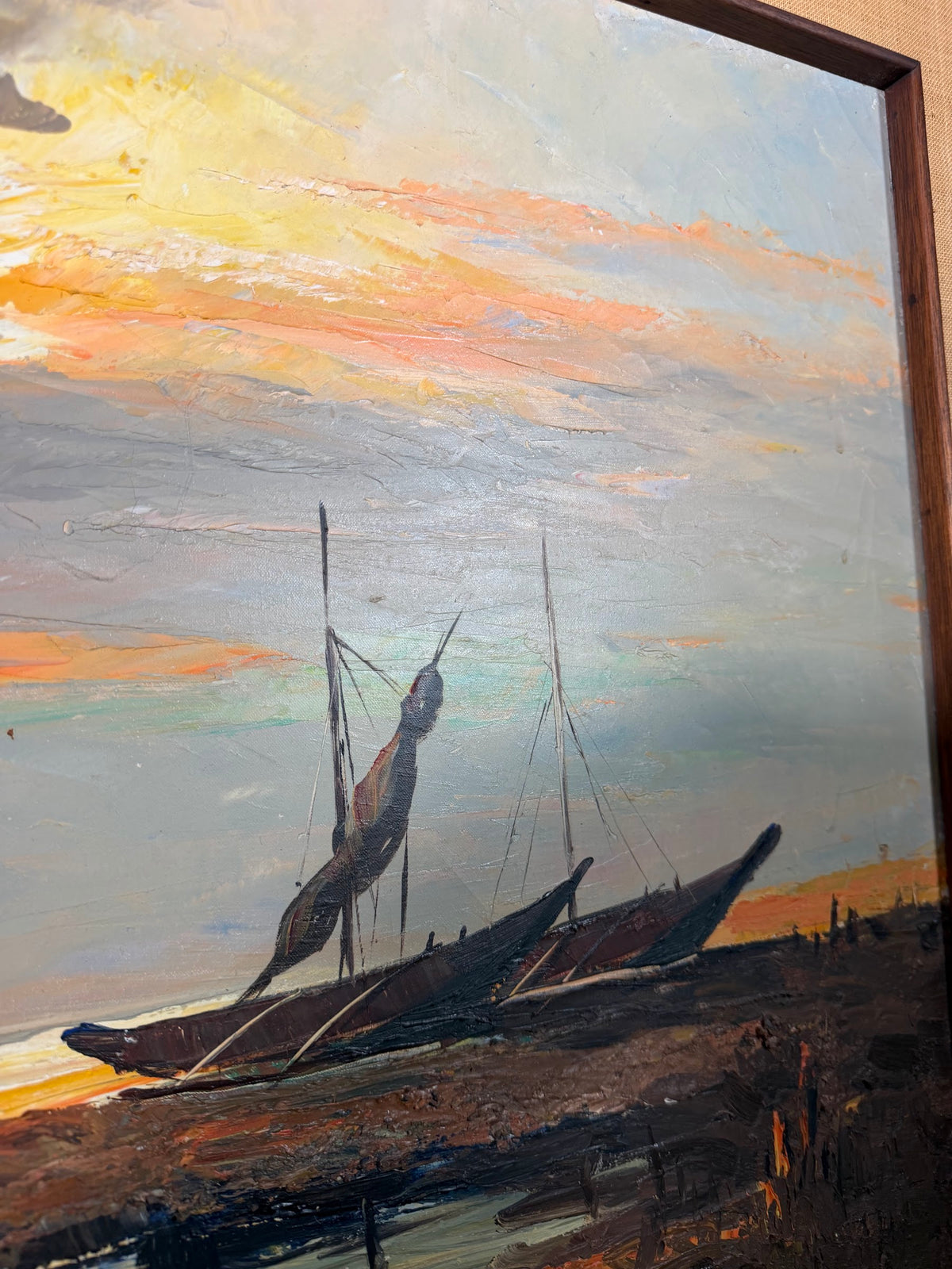 Lot 1024: Mid Century Impasto Oil Painting, Fishing Boats at Sunset, Signed Cavite City P.I., Walnut and Burlap Frame, 41 x 31 in