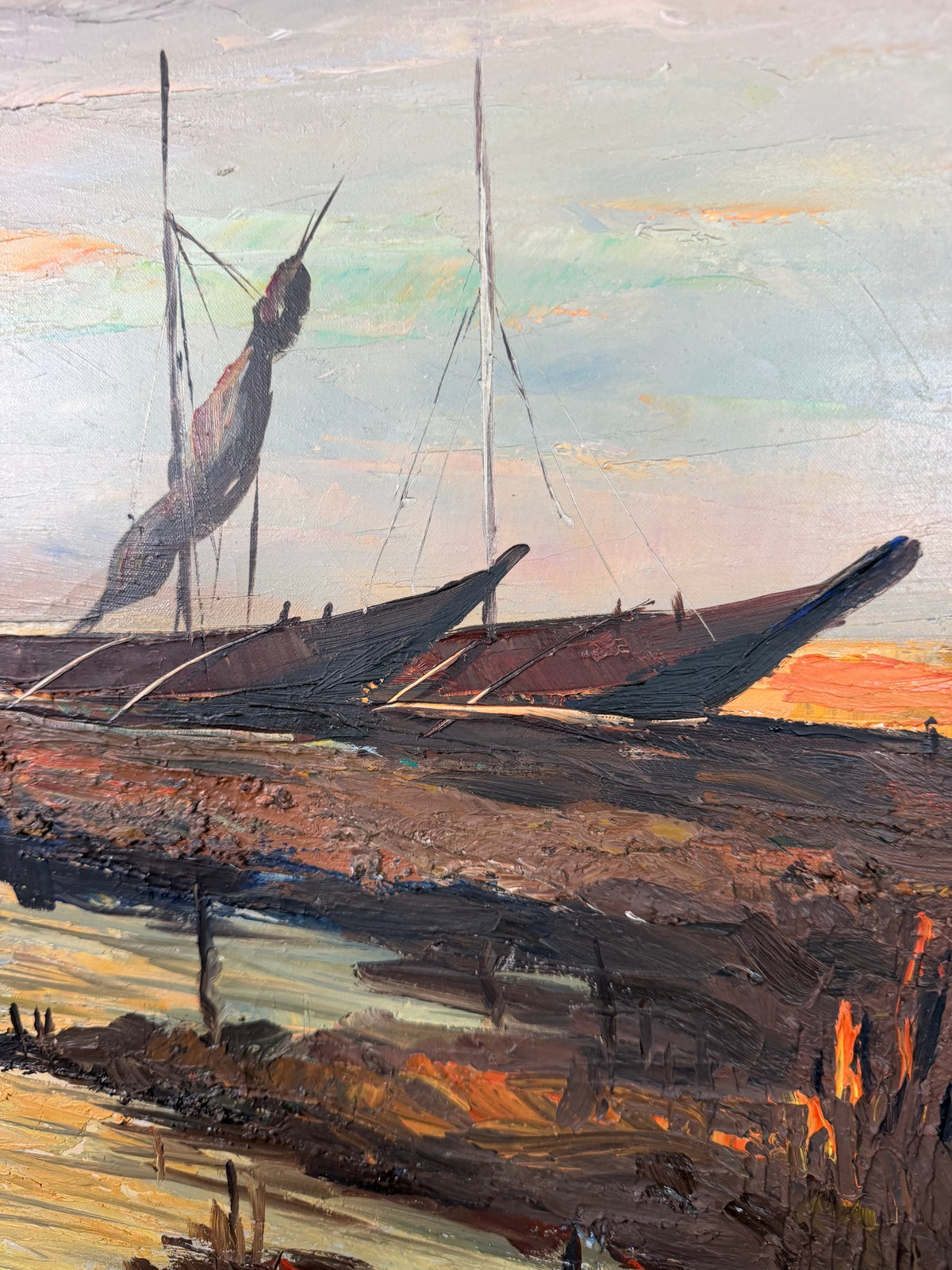 Lot 1024: Mid Century Impasto Oil Painting, Fishing Boats at Sunset, Signed Cavite City P.I., Walnut and Burlap Frame, 41 x 31 in