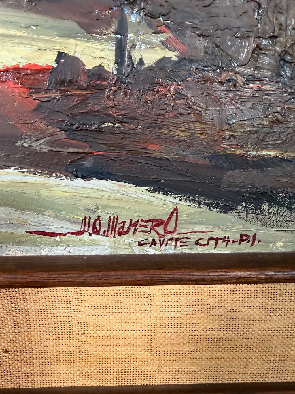 Lot 1024: Mid Century Impasto Oil Painting, Fishing Boats at Sunset, Signed Cavite City P.I., Walnut and Burlap Frame, 41 x 31 in